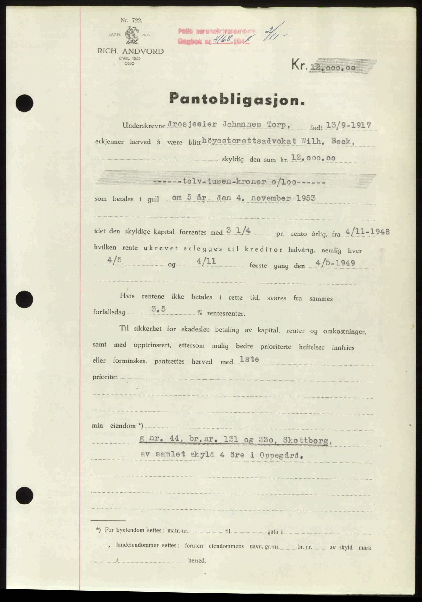 Follo sorenskriveri, SAO/A-10274/G/Ga/Gaa/L0085: Pantebok nr. I 85, 1948-1948, Dagboknr: 4168/1948