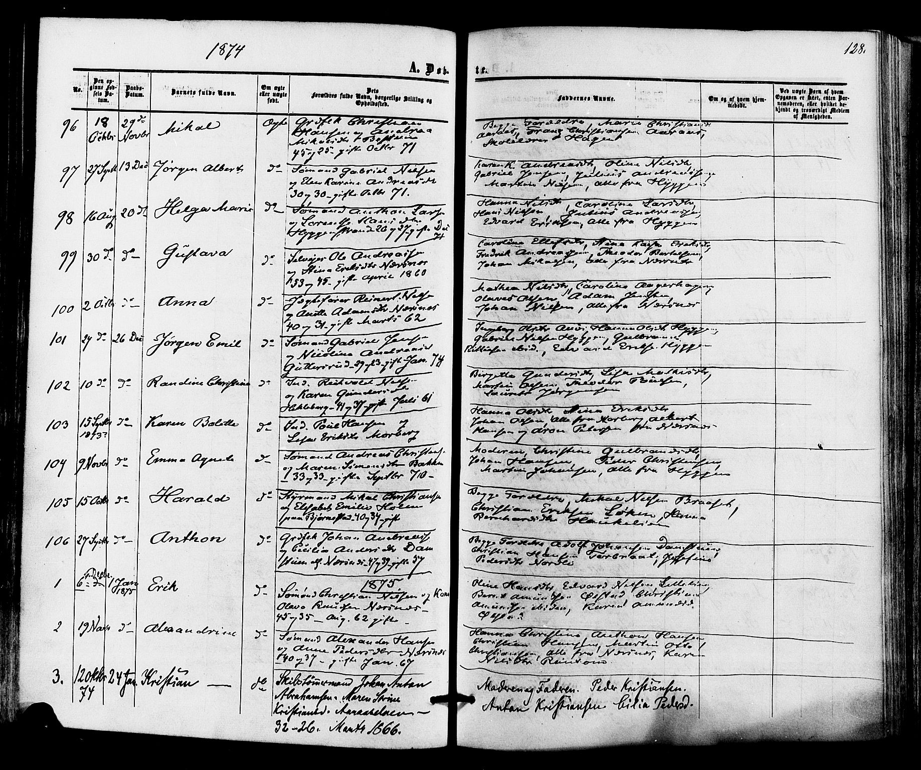 Røyken kirkebøker, AV/SAKO-A-241/F/Fa/L0006: Ministerialbok nr. 6, 1857-1875, s. 128