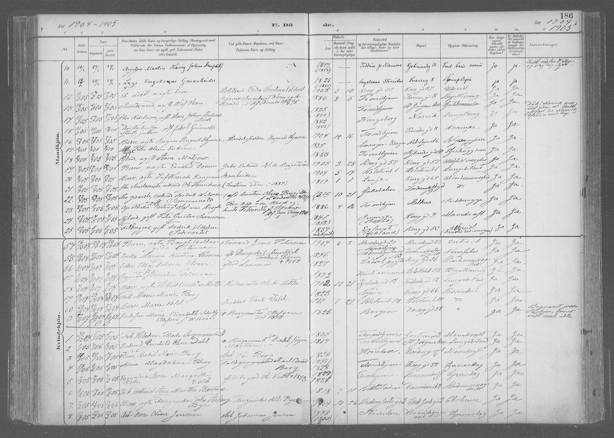 Ministerialprotokoller, klokkerbøker og fødselsregistre - Sør-Trøndelag, SAT/A-1456/601/L0064: Ministerialbok nr. 601A31, 1891-1911, s. 186