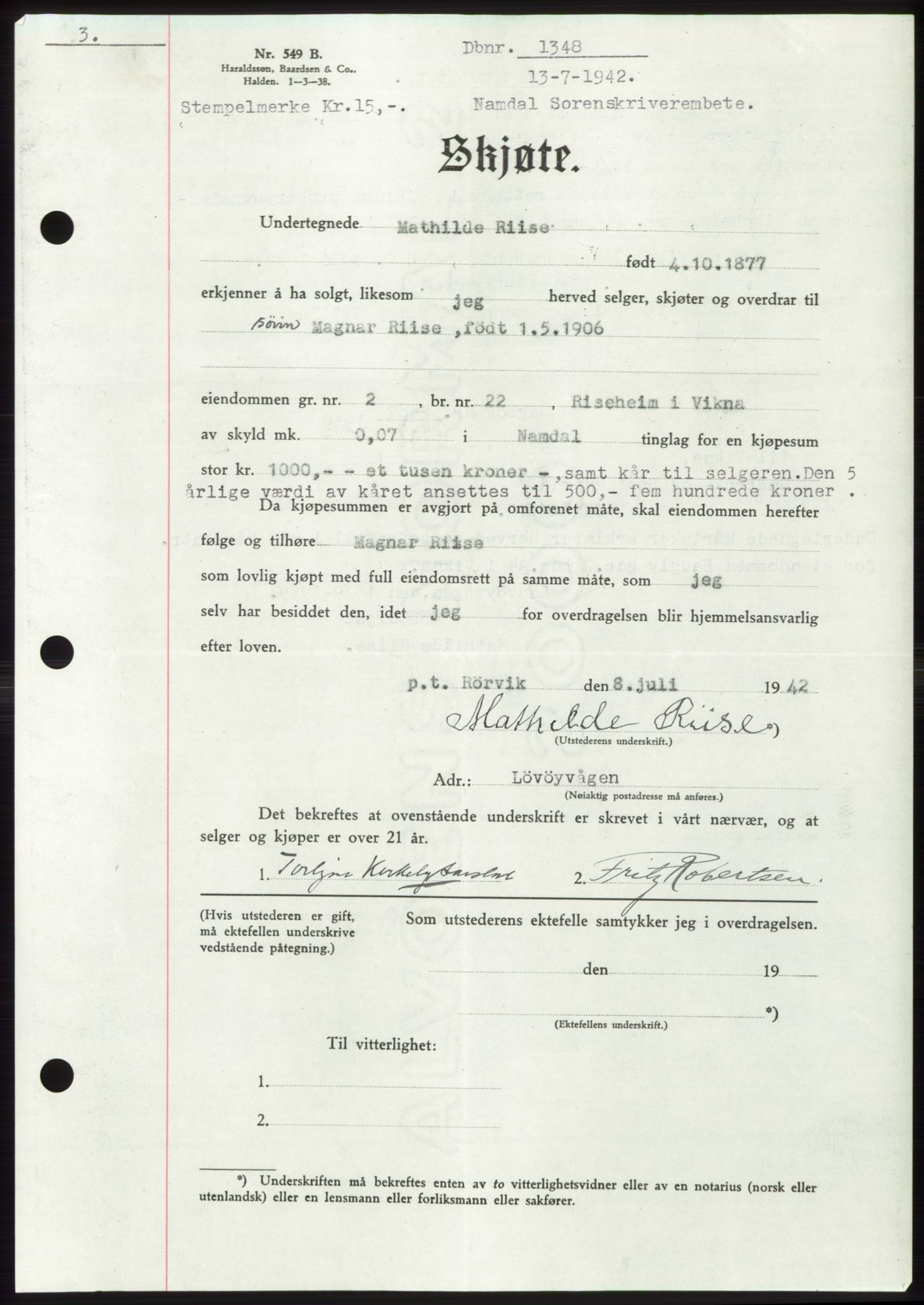 Namdal sorenskriveri, SAT/A-4133/1/2/2C: Pantebok nr. -, 1942-1943, Dagboknr: 1348/1942