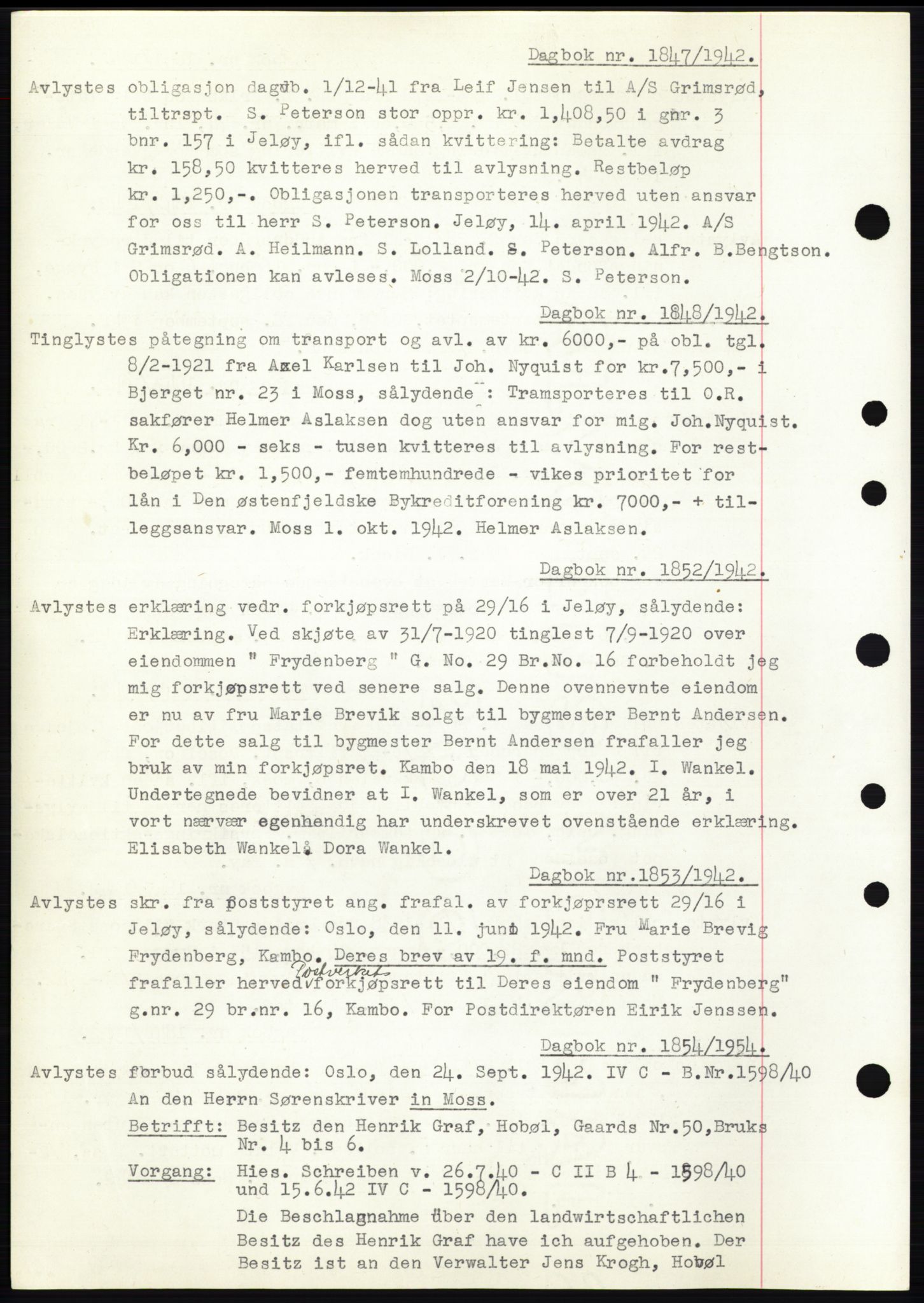 Moss sorenskriveri, SAO/A-10168: Pantebok nr. C10, 1938-1950, Dagboknr: 1847/1942