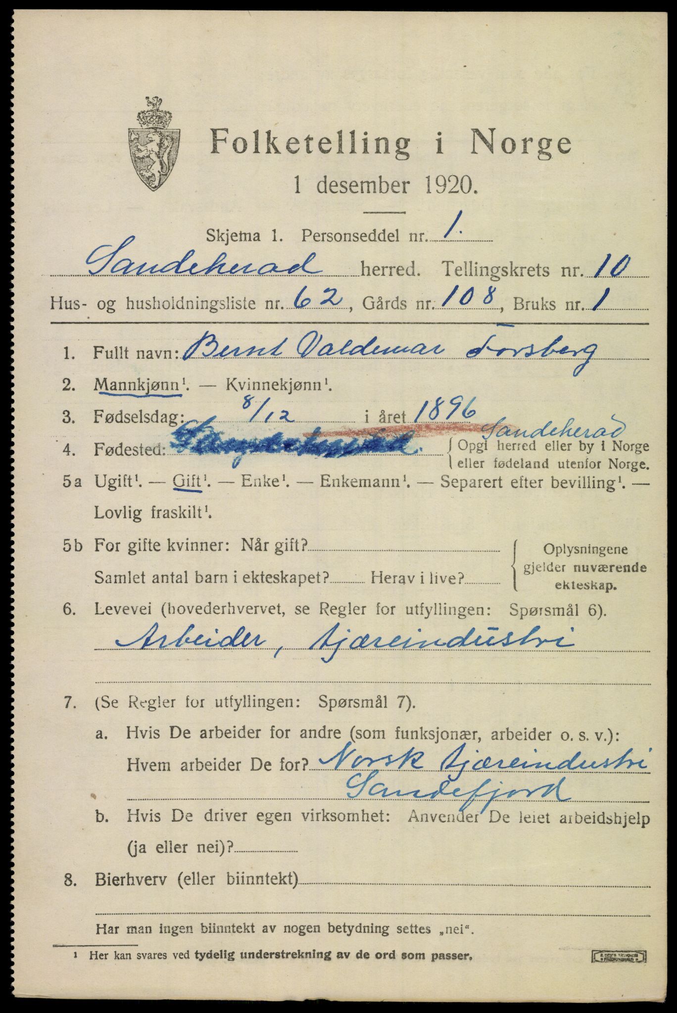 SAKO, Folketelling 1920 for 0724 Sandeherred herred, 1920, s. 15296