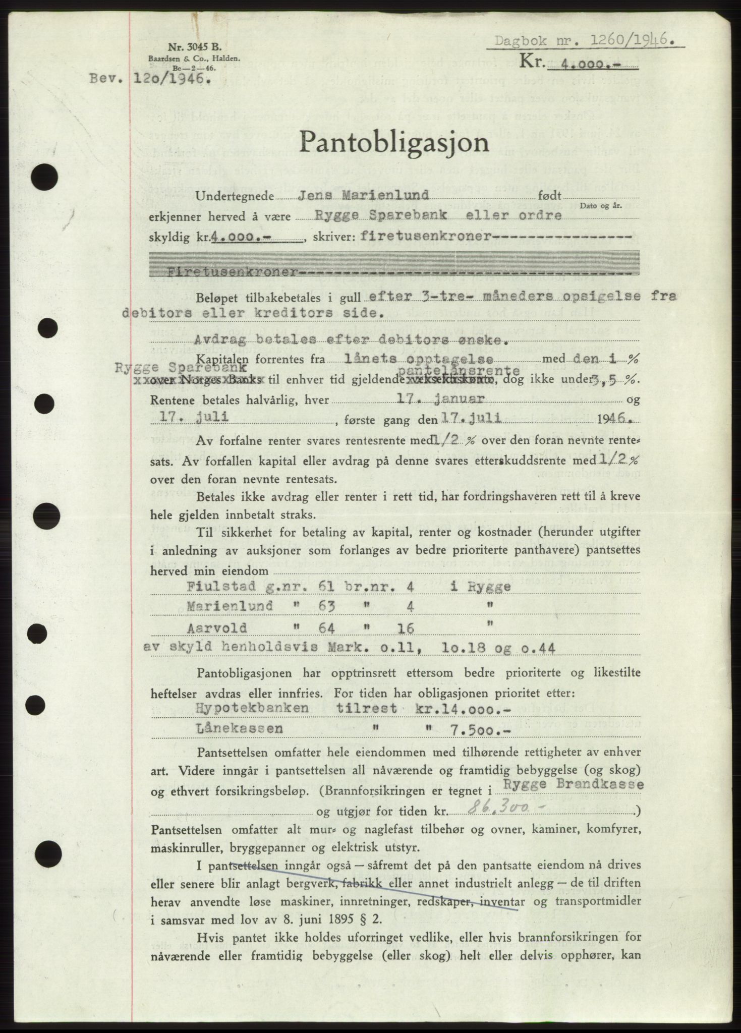 Moss sorenskriveri, SAO/A-10168: Pantebok nr. B15, 1946-1946, Dagboknr: 1260/1946