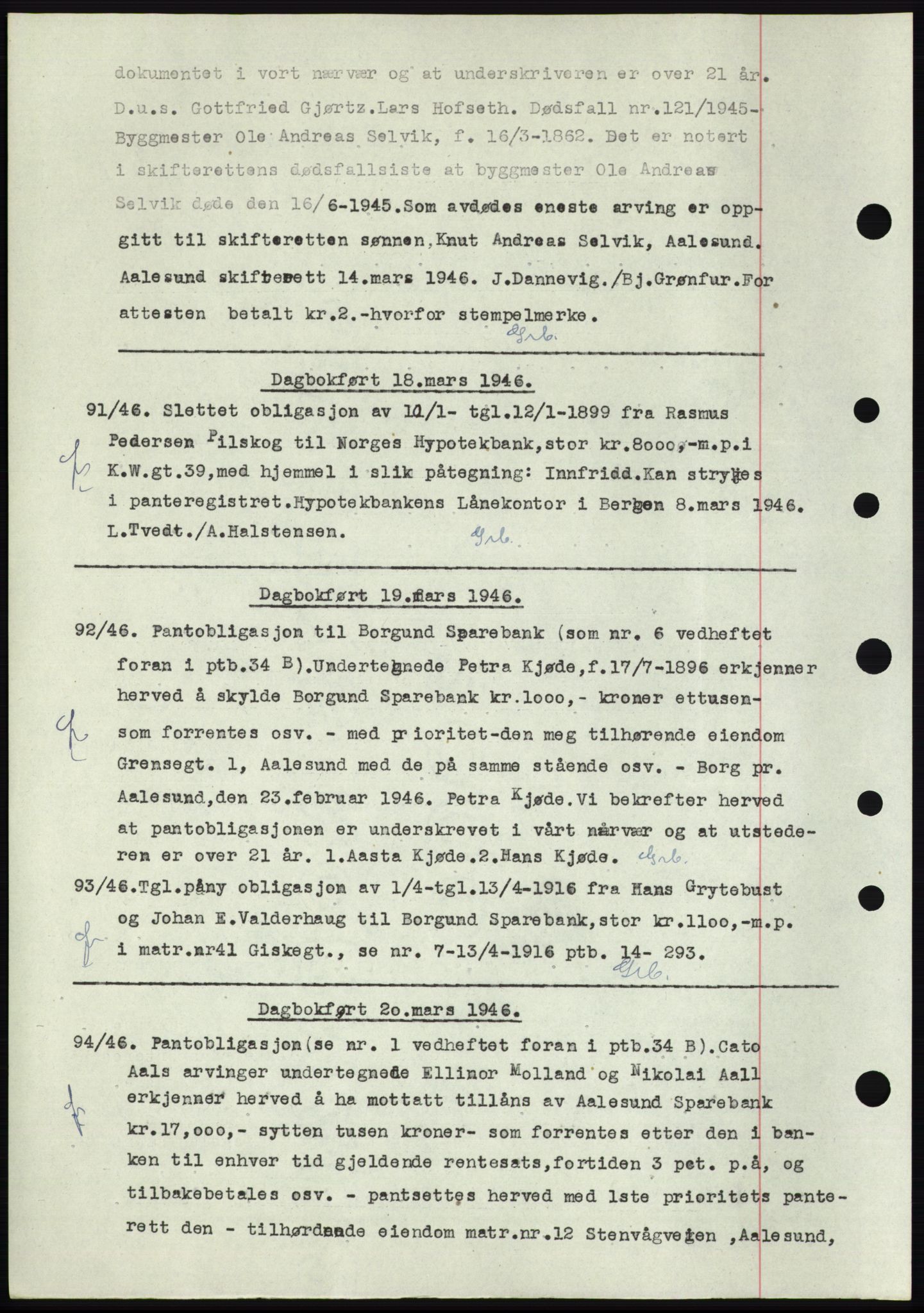 Ålesund byfogd, AV/SAT-A-4384: Pantebok nr. C34-35, 1946-1950, Dagboknr: 91/1946