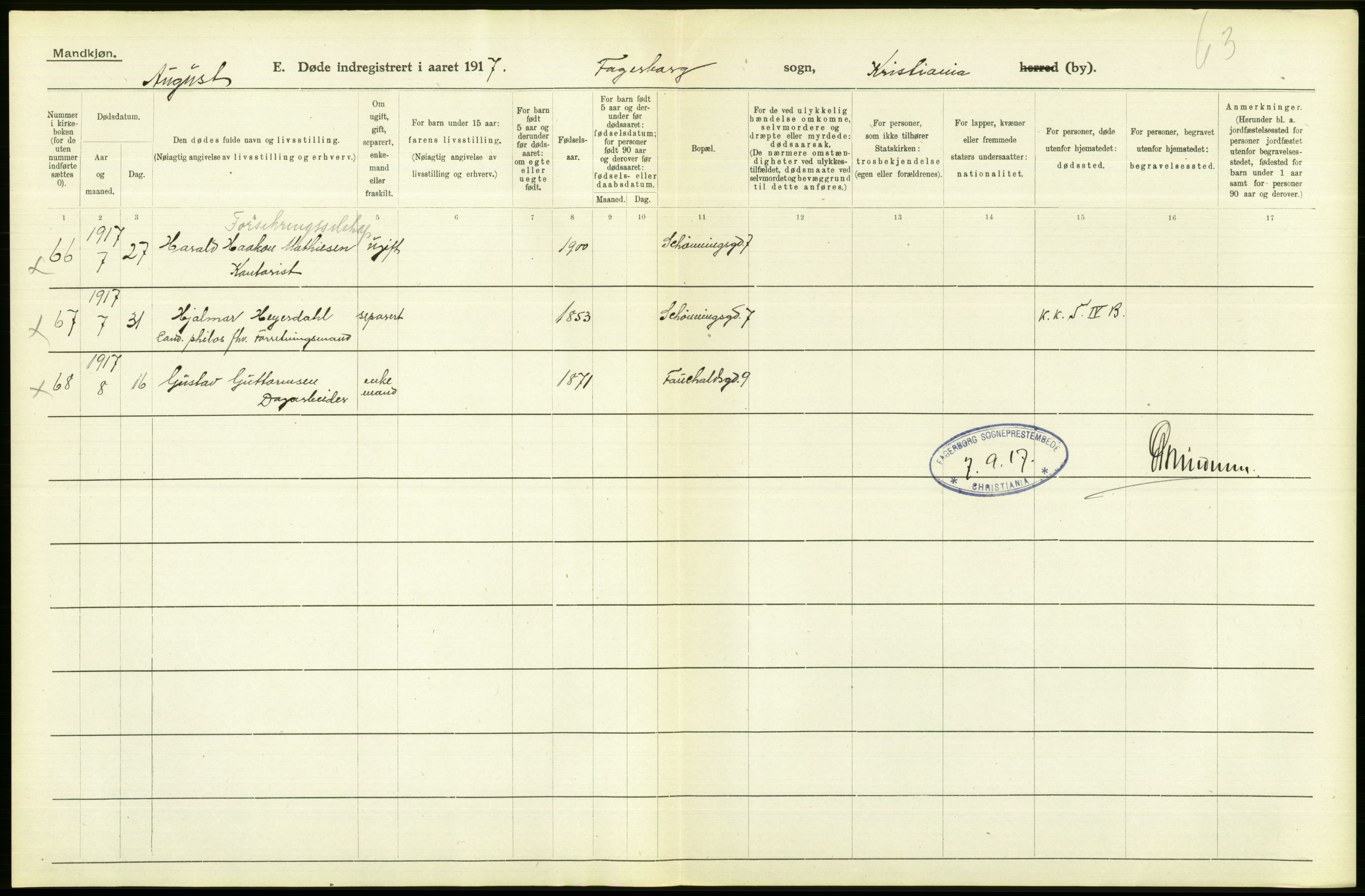 Statistisk sentralbyrå, Sosiodemografiske emner, Befolkning, AV/RA-S-2228/D/Df/Dfb/Dfbg/L0010: Kristiania: Døde, 1917, s. 424