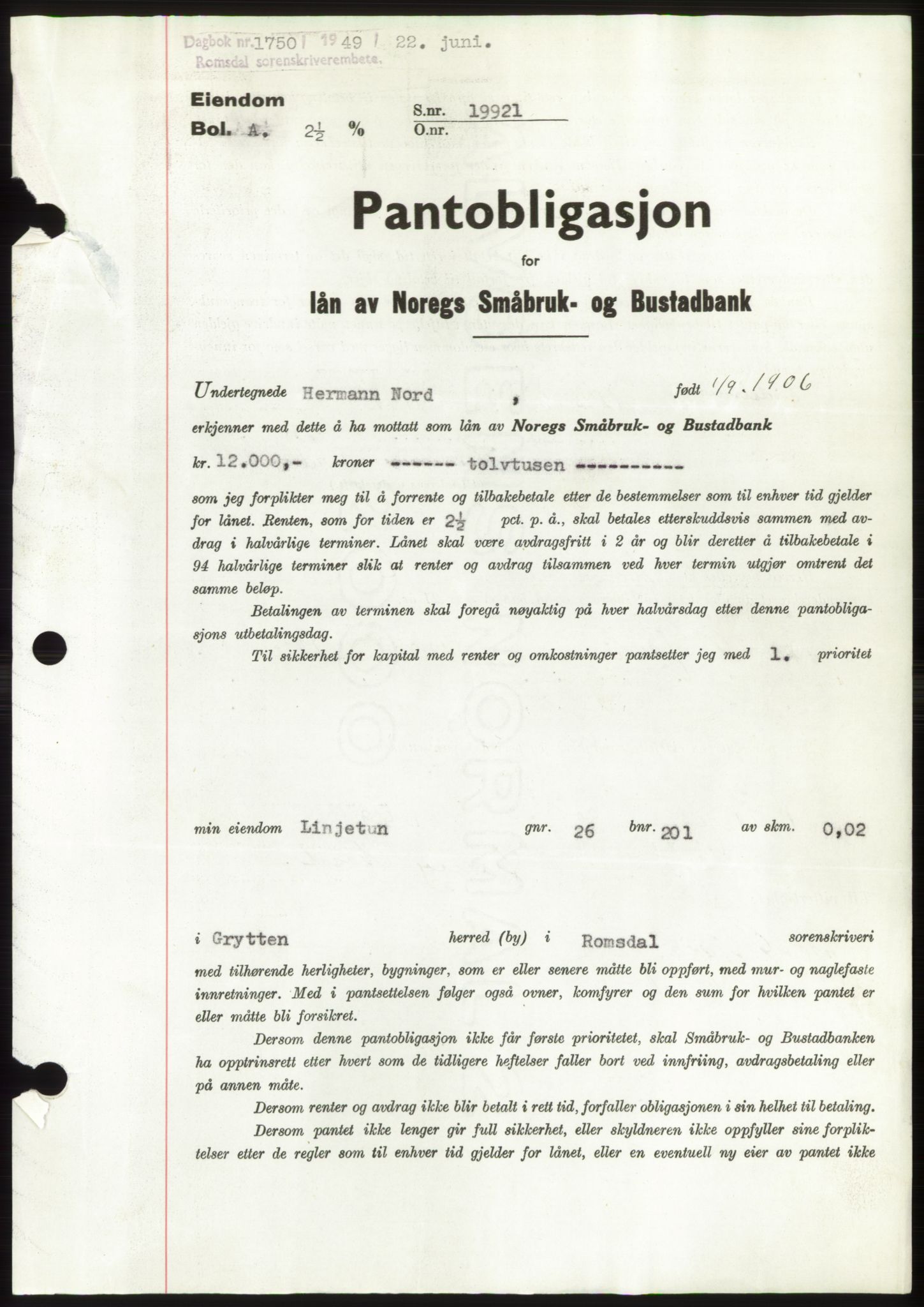 Romsdal sorenskriveri, SAT/A-4149/1/2/2C: Pantebok nr. B4, 1948-1949, Dagboknr: 1750/1949