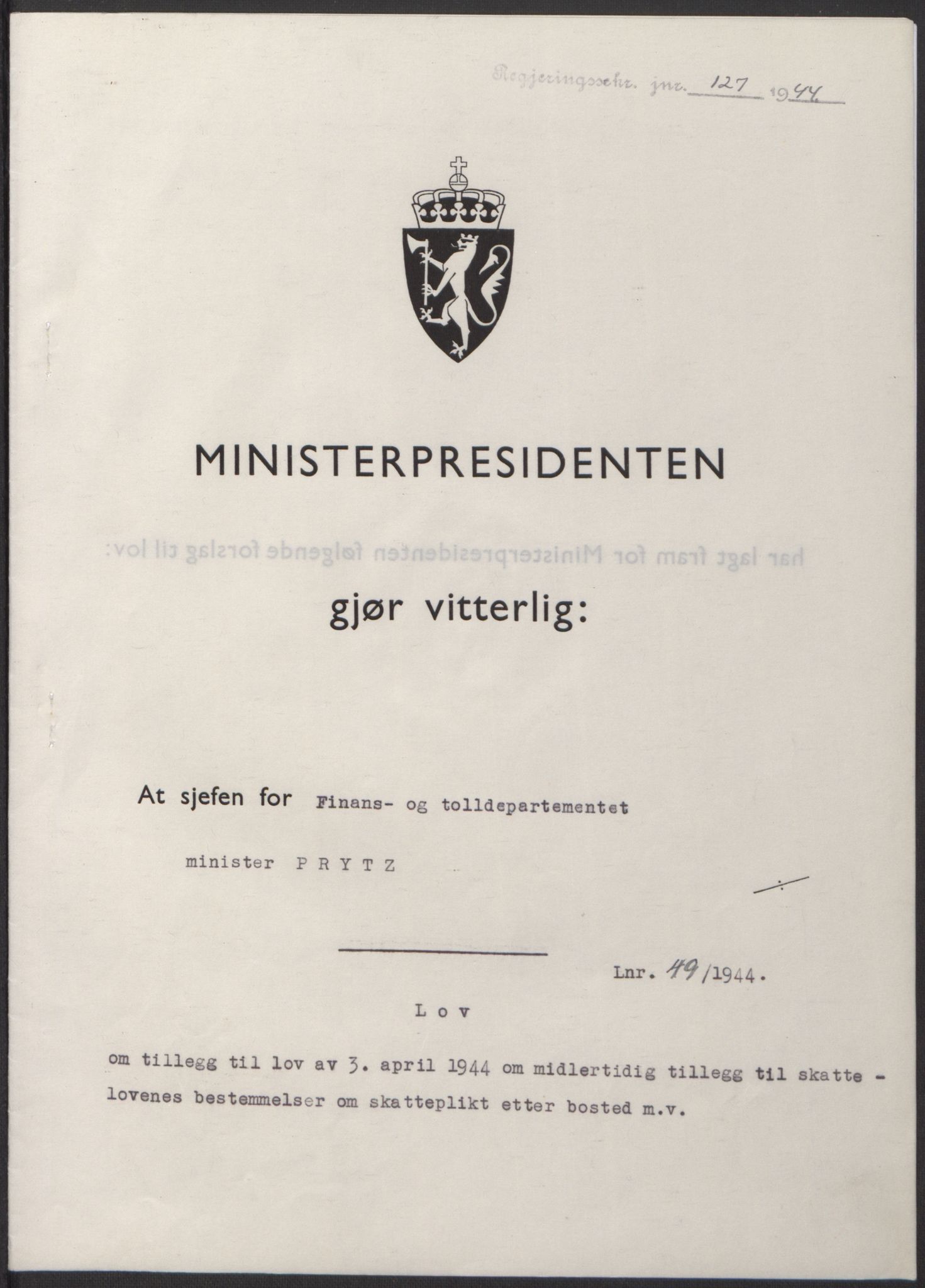 NS-administrasjonen 1940-1945 (Statsrådsekretariatet, de kommisariske statsråder mm), RA/S-4279/D/Db/L0100: Lover, 1944, s. 231