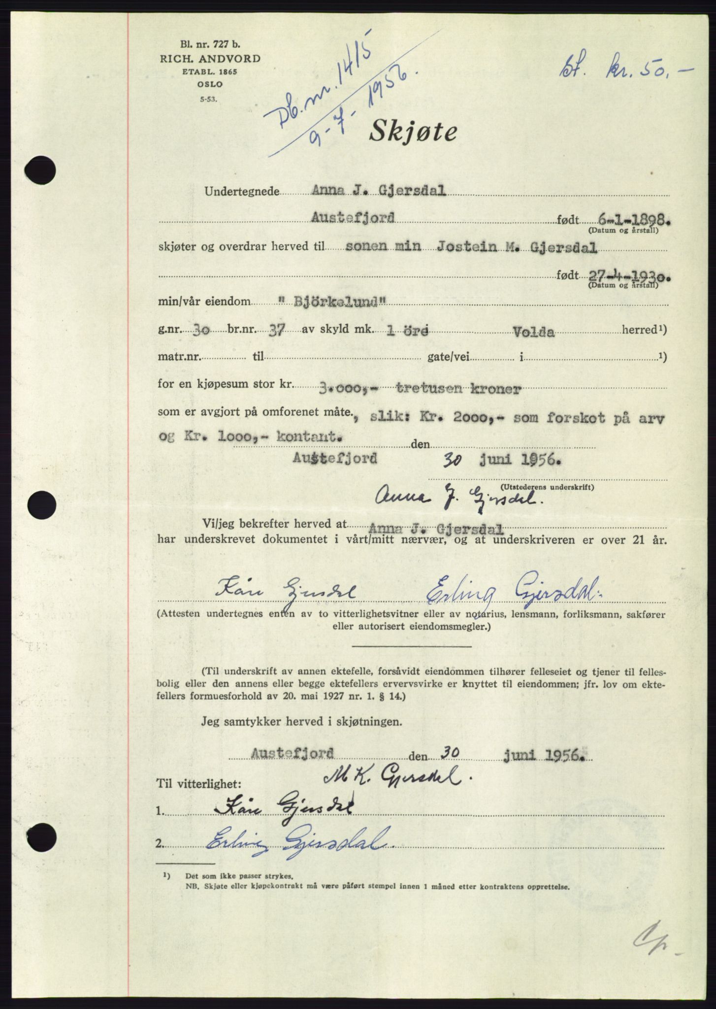 Søre Sunnmøre sorenskriveri, AV/SAT-A-4122/1/2/2C/L0104: Pantebok nr. 30A, 1956-1956, Dagboknr: 1415/1956