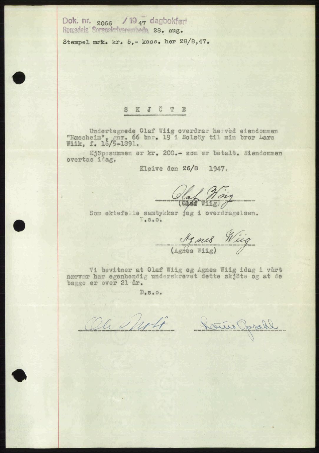 Romsdal sorenskriveri, AV/SAT-A-4149/1/2/2C: Pantebok nr. A23, 1947-1947, Dagboknr: 2066/1947