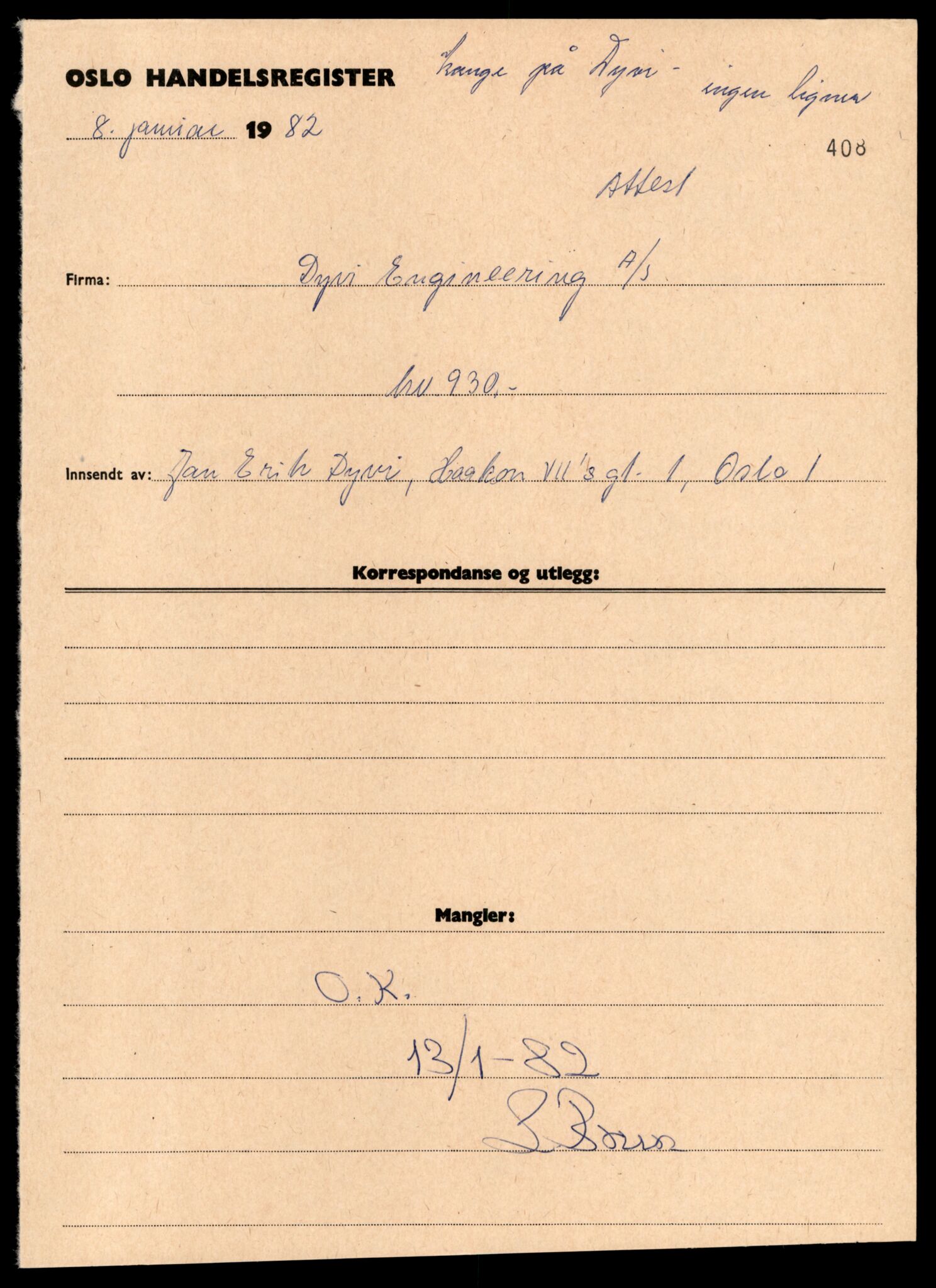 Oslo byfogd, Handelsregisteret, SAT/A-10867/G/Gc/Gca/L0184: Ikke konverterte foretak, Dyv-Ear, 1890-1990, s. 1