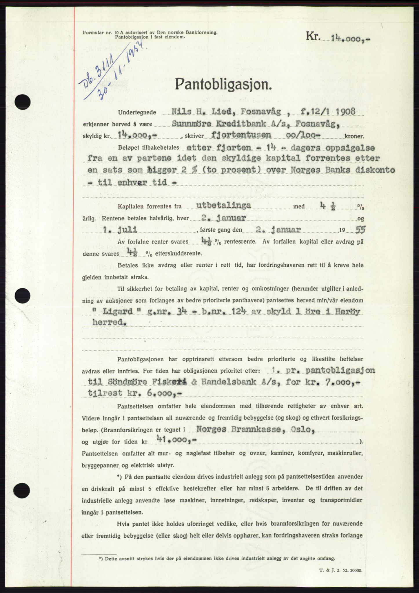 Søre Sunnmøre sorenskriveri, AV/SAT-A-4122/1/2/2C/L0126: Pantebok nr. 14B, 1954-1955, Dagboknr: 3111/1954