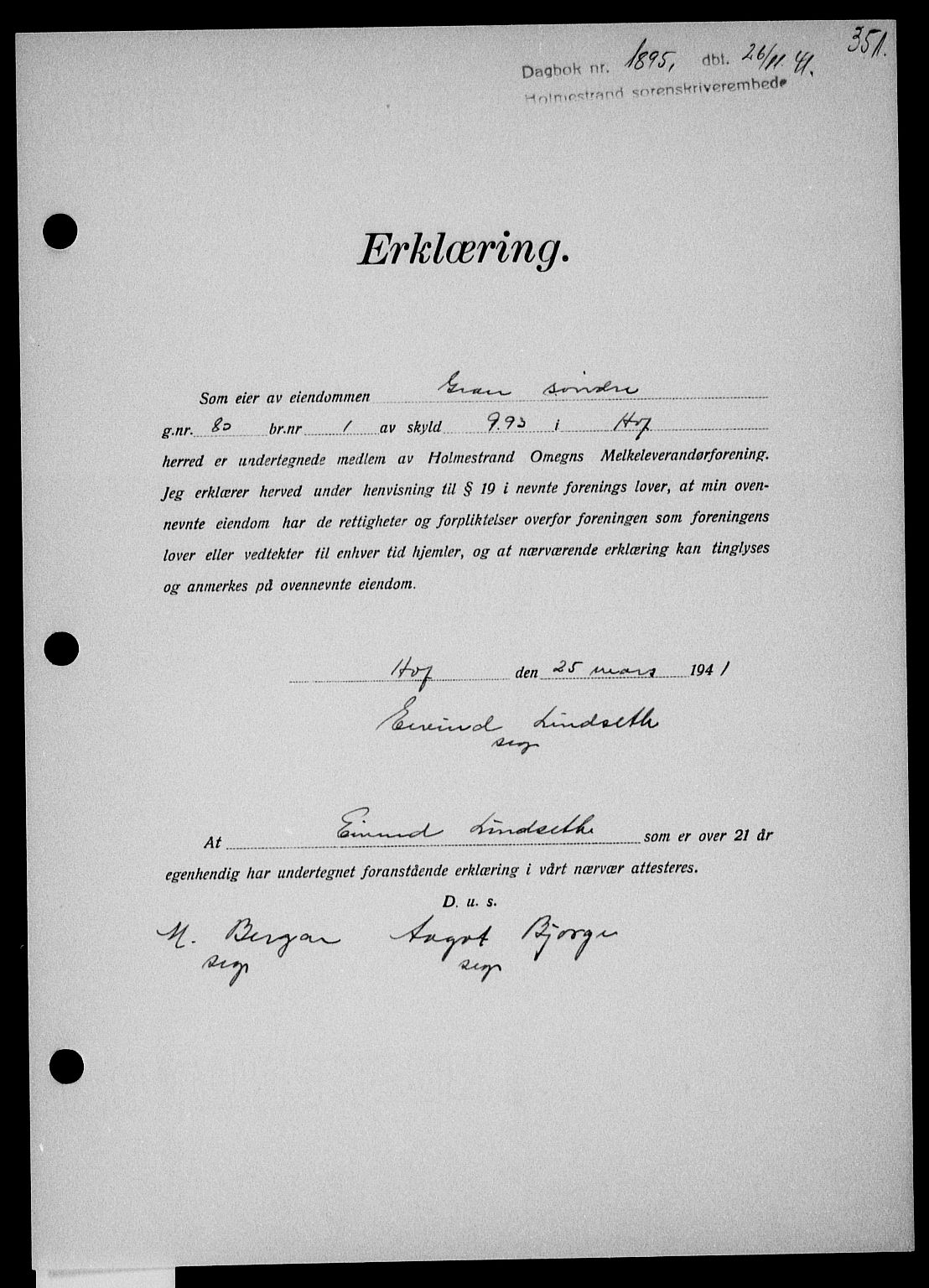 Holmestrand sorenskriveri, SAKO/A-67/G/Ga/Gaa/L0054: Pantebok nr. A-54, 1941-1942, Dagboknr: 1895/1941