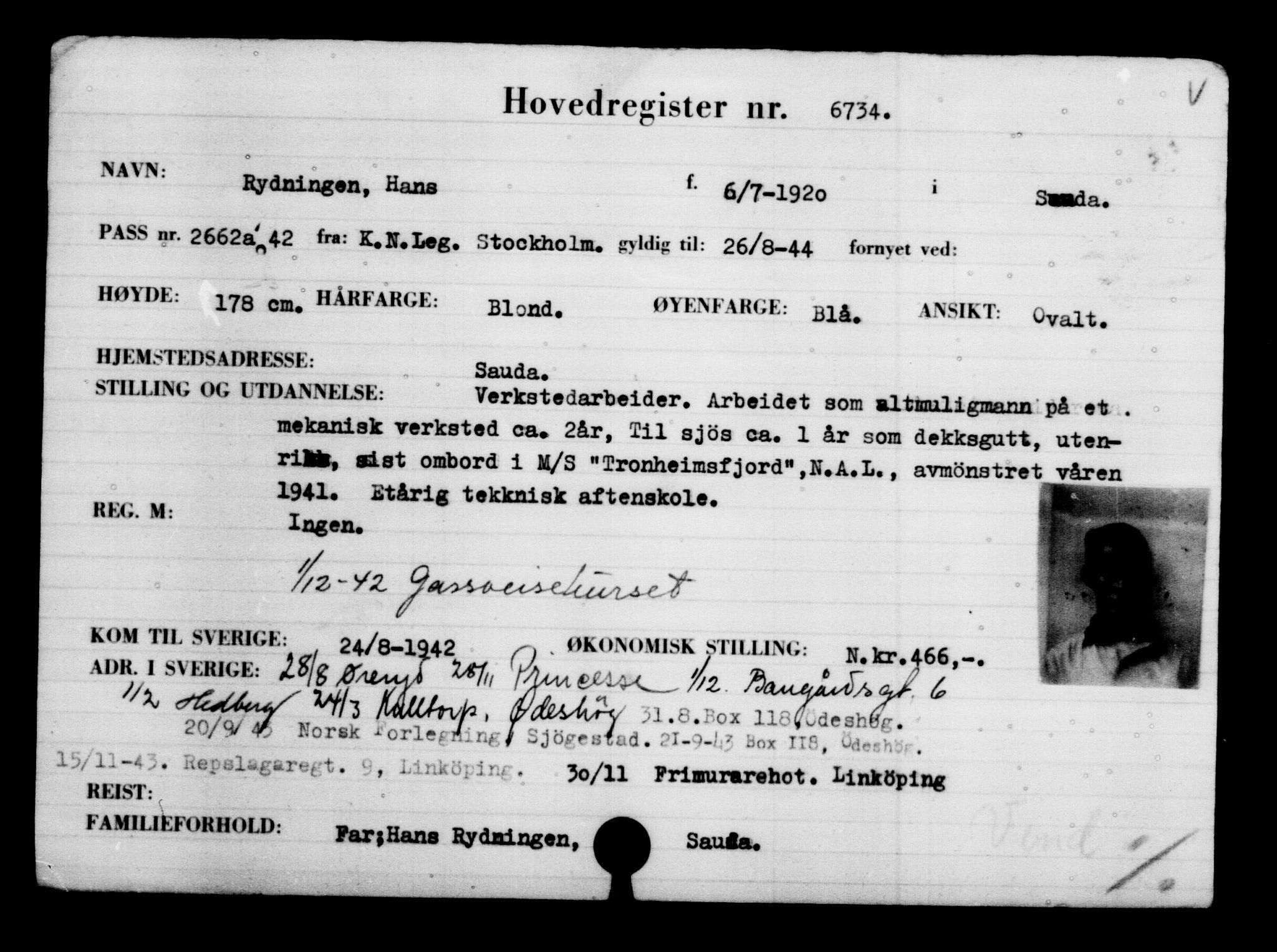 Utenriksstasjonene, Legasjonen i Stockholm, Flyktningkontoret, AV/RA-S-6753/V/Va/L0005: Kjesäterkartoteket, flyktning nr. 6600-9417, 1940-1945, s. 165