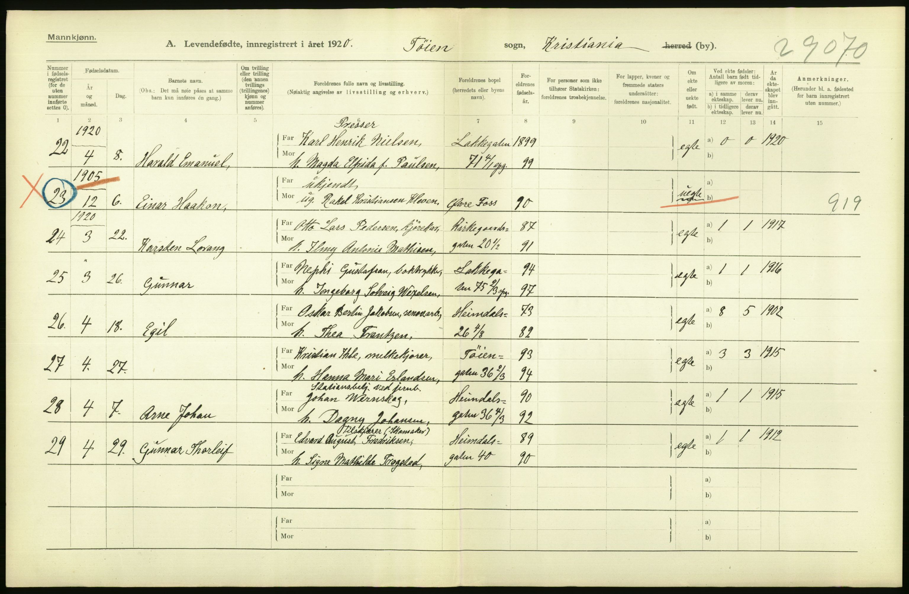 Statistisk sentralbyrå, Sosiodemografiske emner, Befolkning, AV/RA-S-2228/D/Df/Dfb/Dfbj/L0009: Kristiania: Levendefødte menn og kvinner., 1920, s. 10