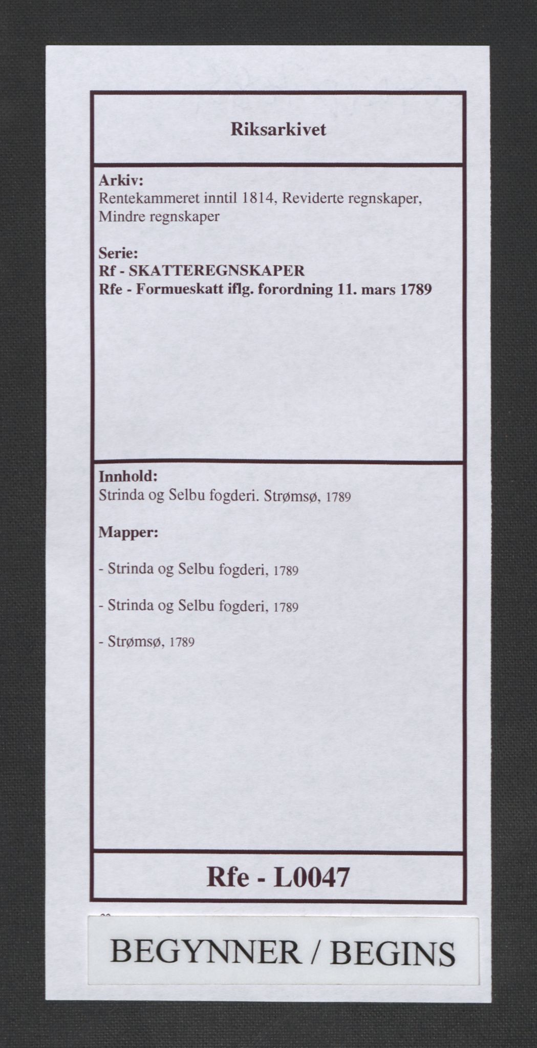 Rentekammeret inntil 1814, Reviderte regnskaper, Mindre regnskaper, RA/EA-4068/Rf/Rfe/L0047: Strinda og Selbu fogderi. Strømsø, 1789, s. 1