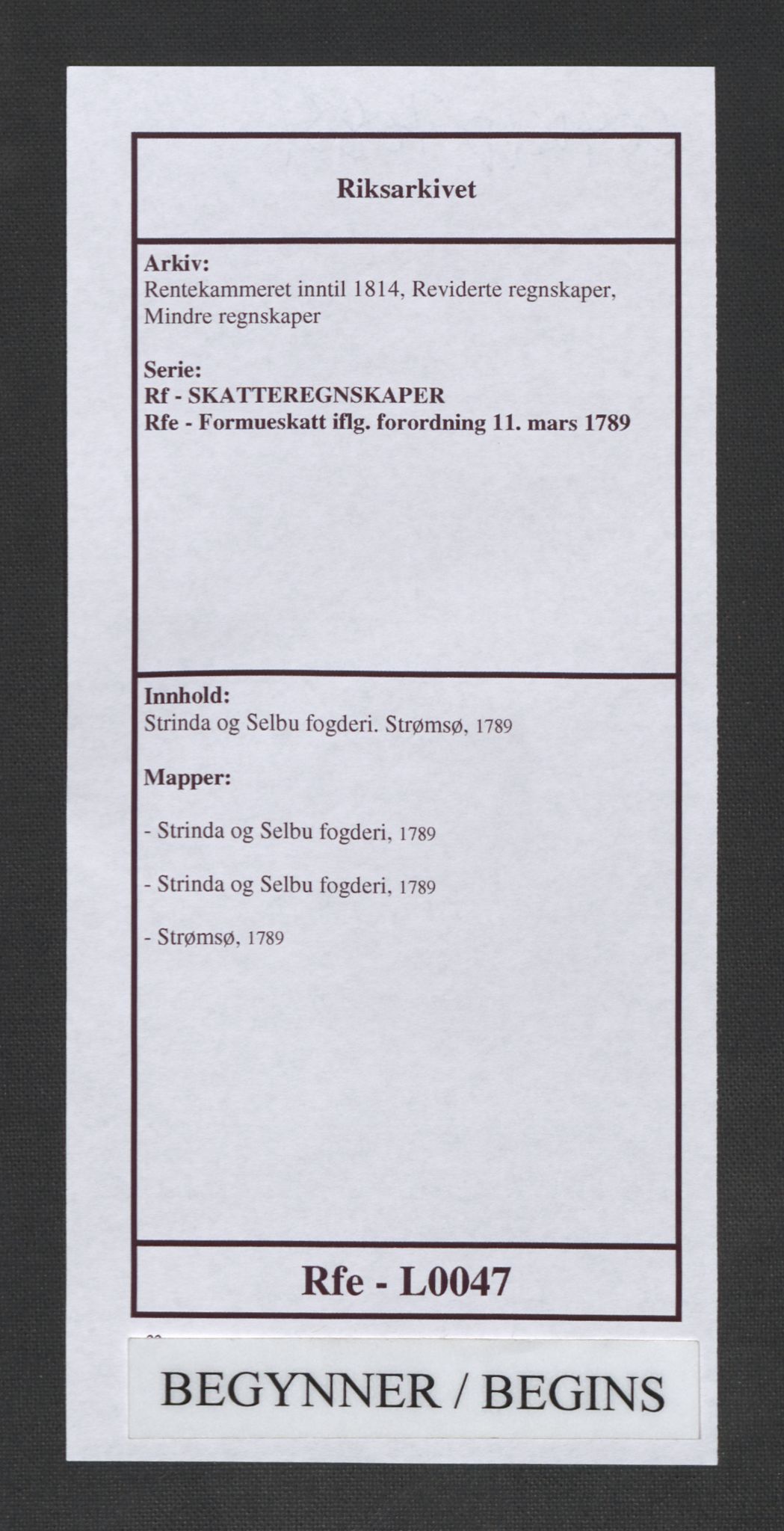 Rentekammeret inntil 1814, Reviderte regnskaper, Mindre regnskaper, AV/RA-EA-4068/Rf/Rfe/L0047: Strinda og Selbu fogderi. Strømsø, 1789, s. 1