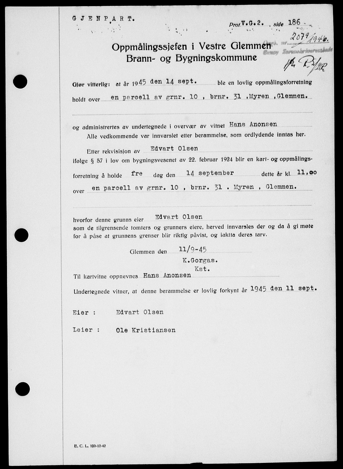 Onsøy sorenskriveri, SAO/A-10474/G/Ga/Gab/L0017: Pantebok nr. II A-17, 1946-1946, Dagboknr: 2079/1946