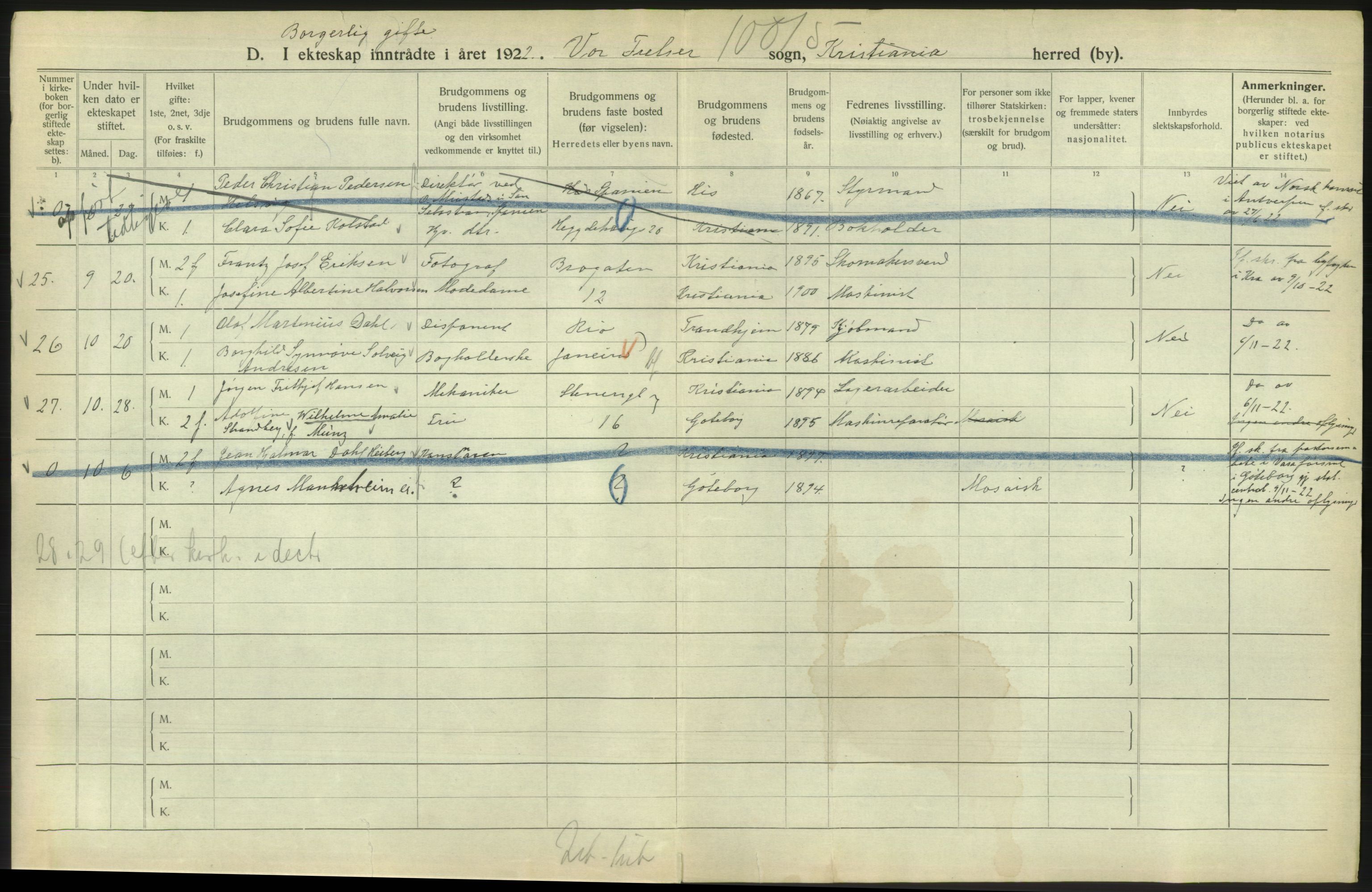 Statistisk sentralbyrå, Sosiodemografiske emner, Befolkning, AV/RA-S-2228/D/Df/Dfc/Dfcb/L0008: Kristiania: Gifte, 1922, s. 202