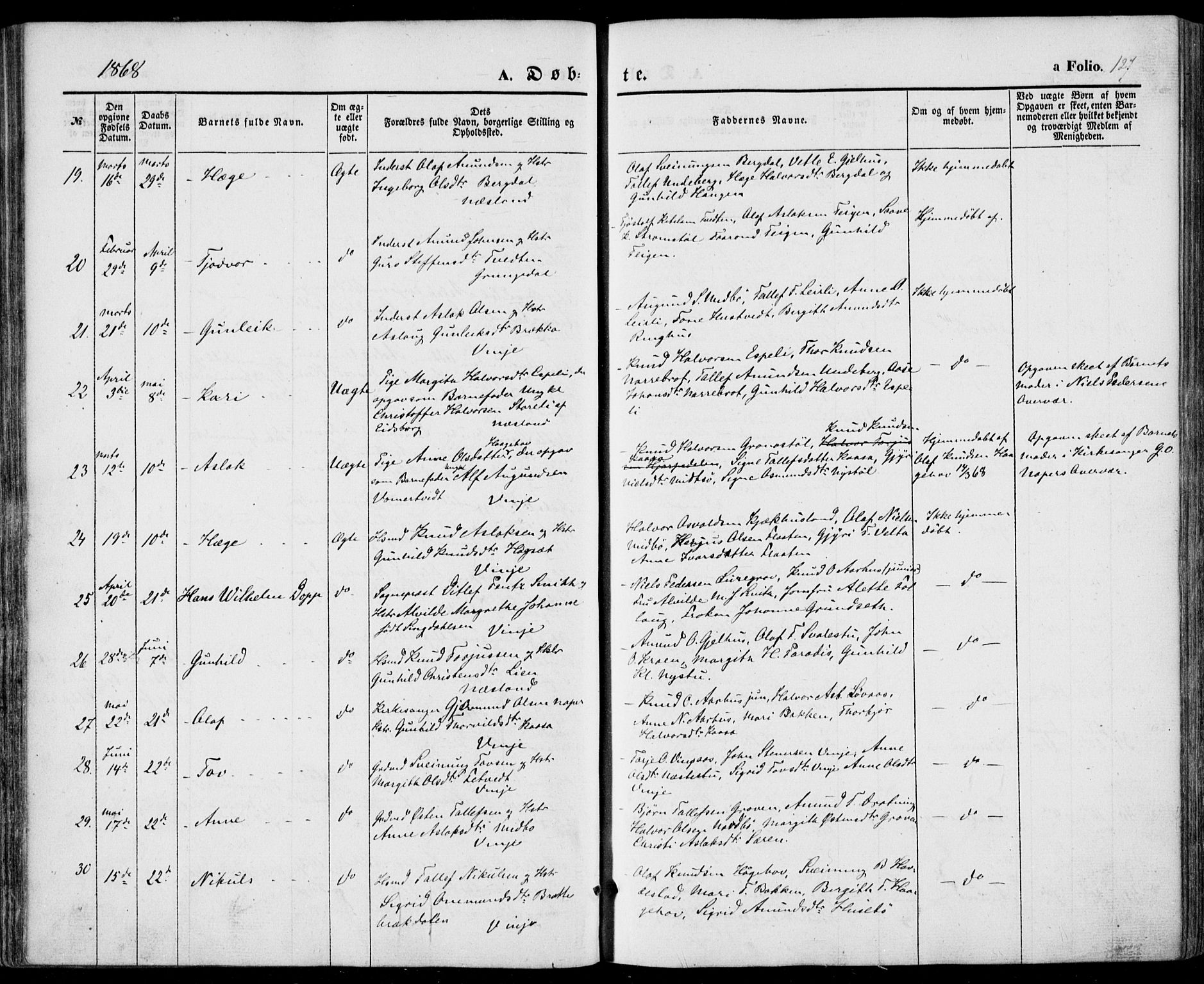 Vinje kirkebøker, AV/SAKO-A-312/F/Fa/L0004: Ministerialbok nr. I 4, 1843-1869, s. 127