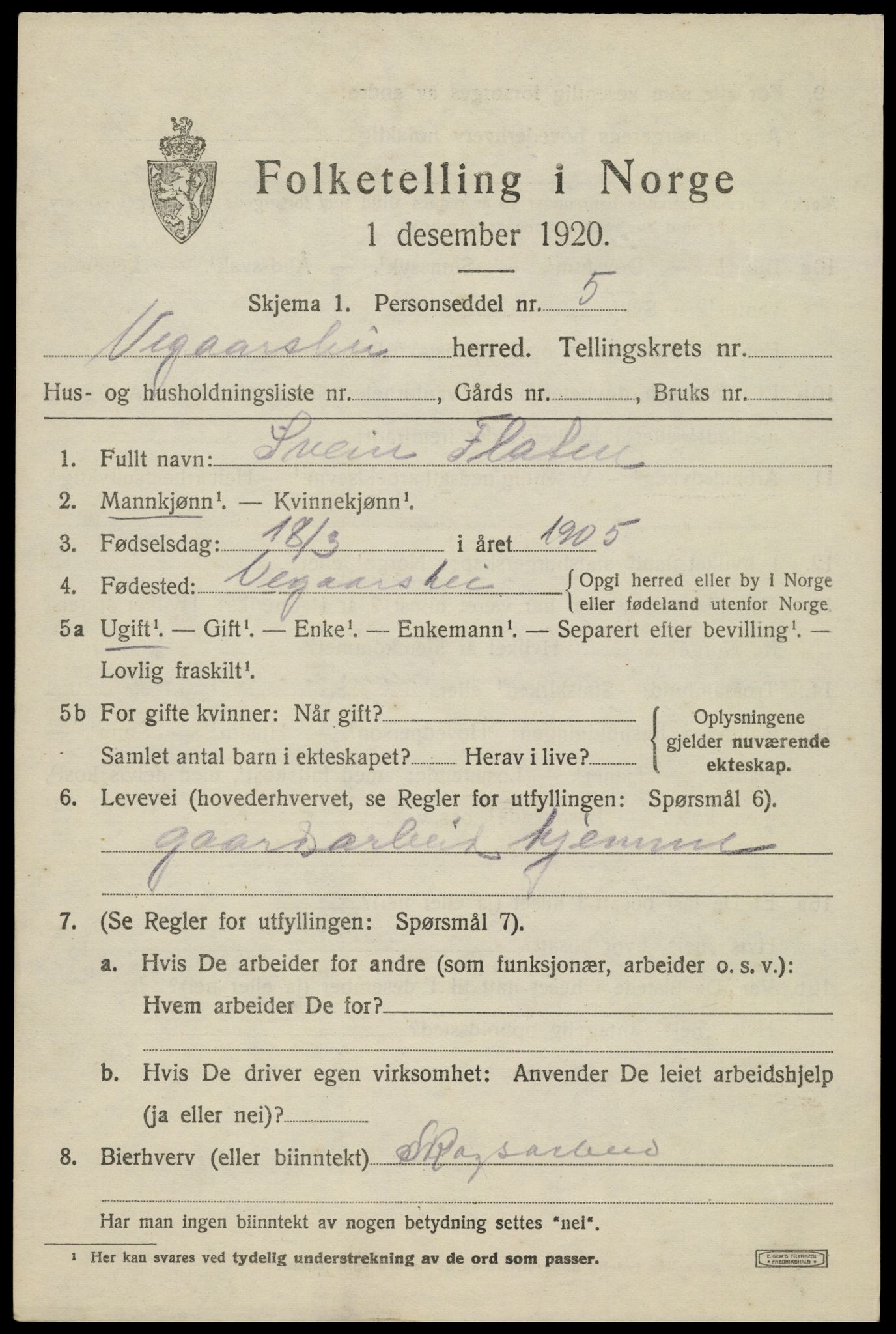 SAK, Folketelling 1920 for 0912 Vegårshei herred, 1920, s. 3726