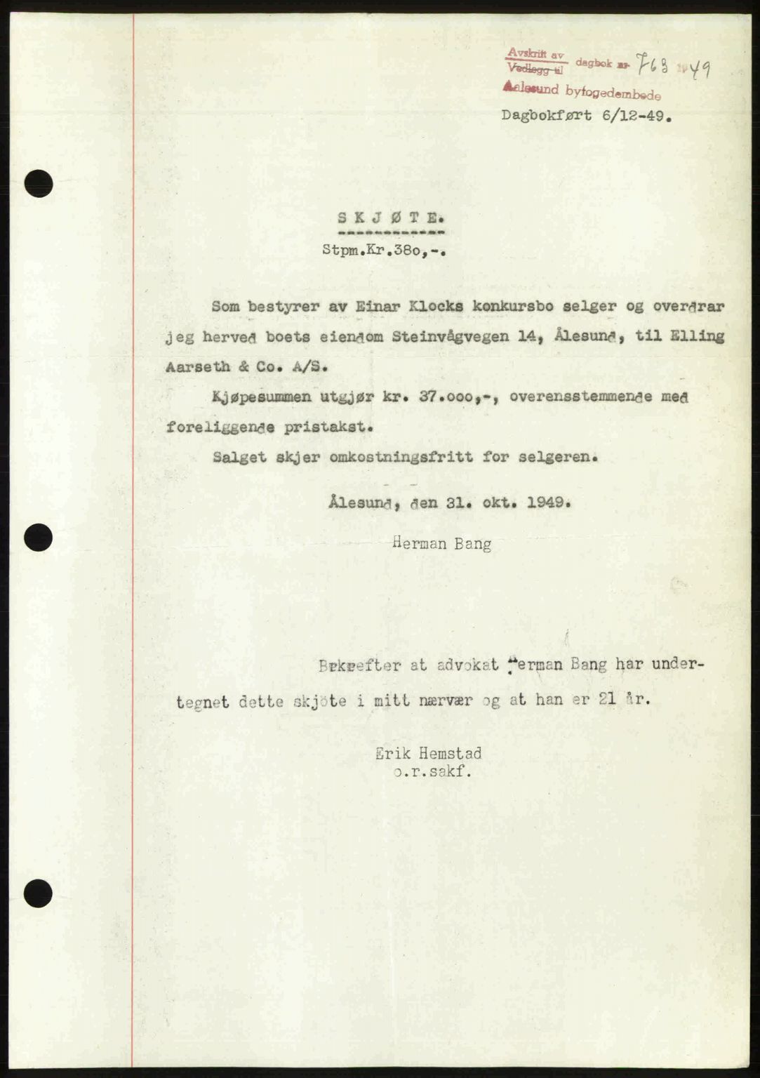 Ålesund byfogd, AV/SAT-A-4384: Pantebok nr. 37A (2), 1949-1950, Dagboknr: 763/1949