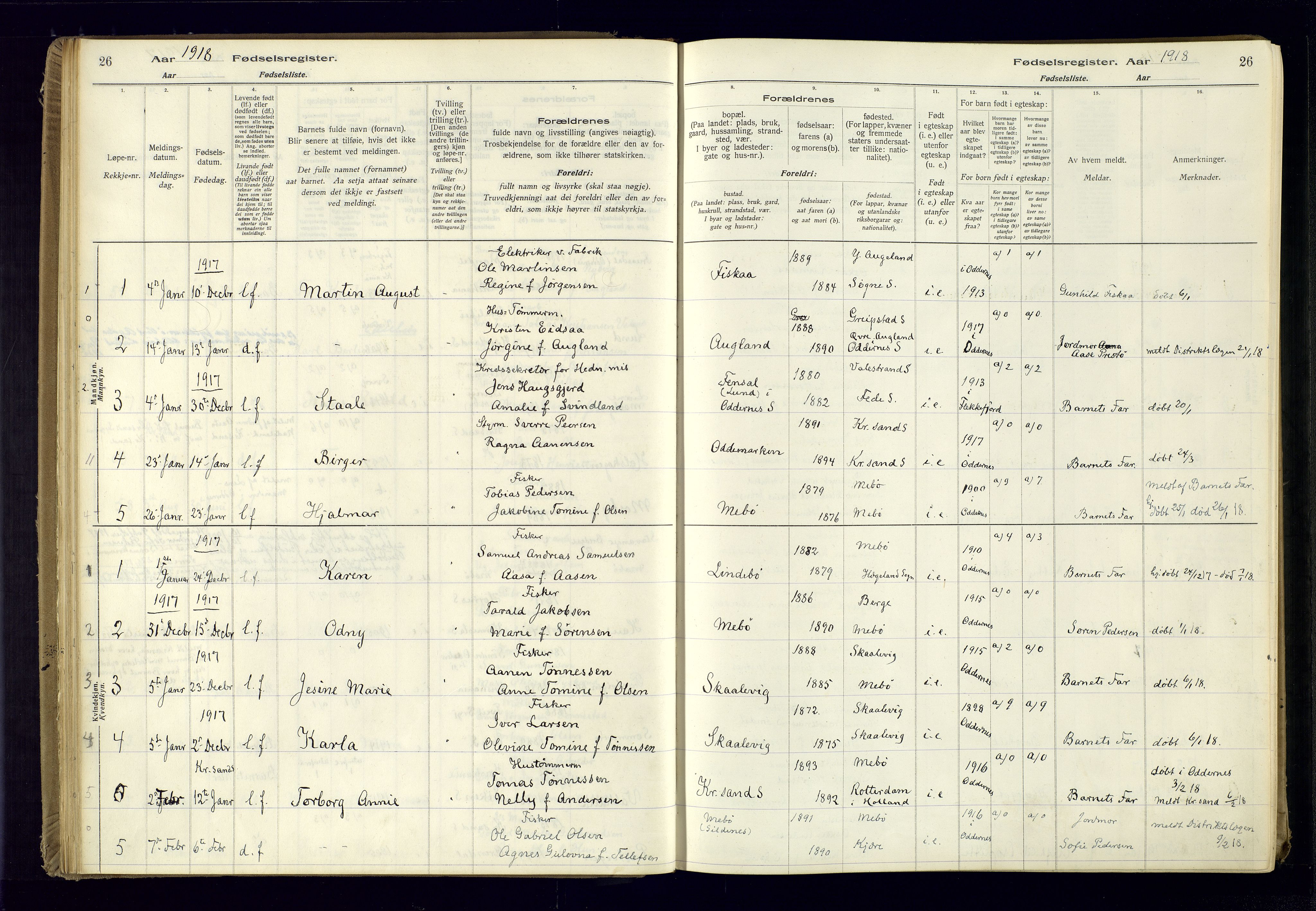Oddernes sokneprestkontor, SAK/1111-0033/J/Ja/L0001: Fødselsregister nr. 1, 1916-1935, s. 26