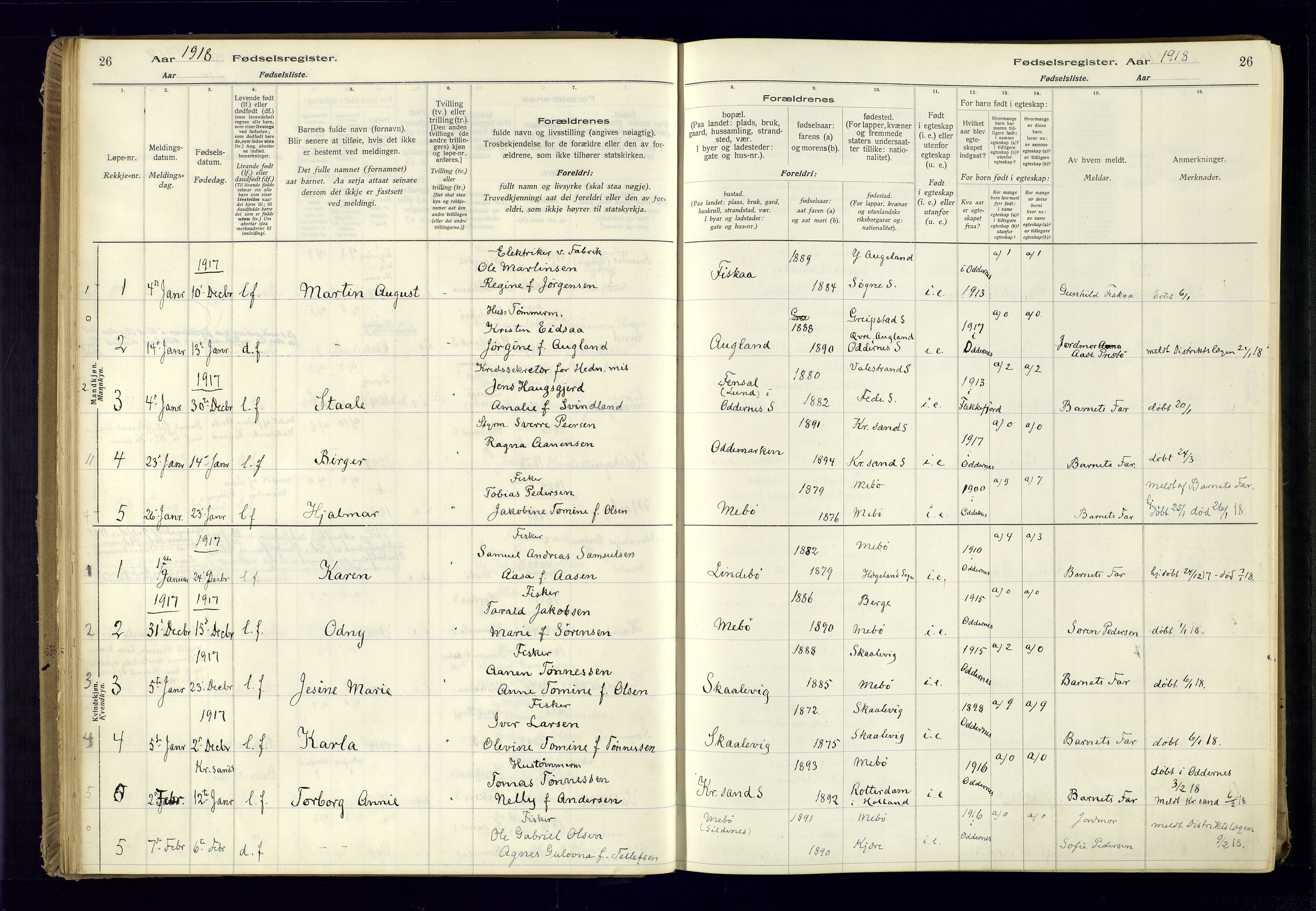 Oddernes sokneprestkontor, AV/SAK-1111-0033/J/Ja/L0001: Fødselsregister nr. 1, 1916-1935, s. 26