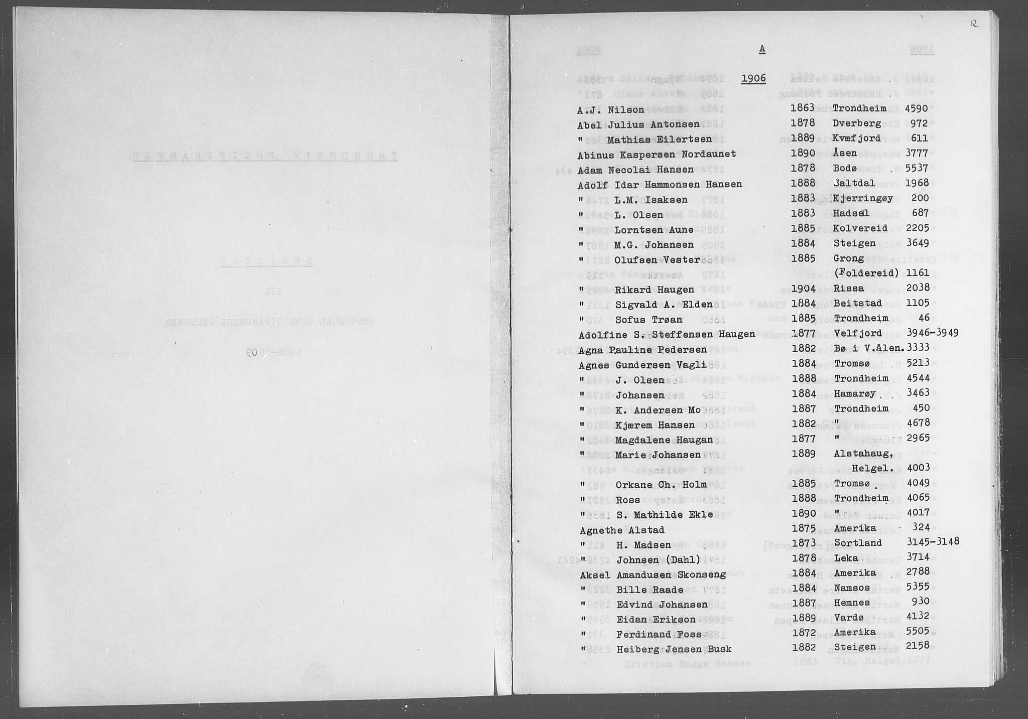 Trondheim politikammer, SAT/A-1887/1/32/L0019/0006: Registre til emigrantprotokollene / Fornavnsregister, 1906-1909
