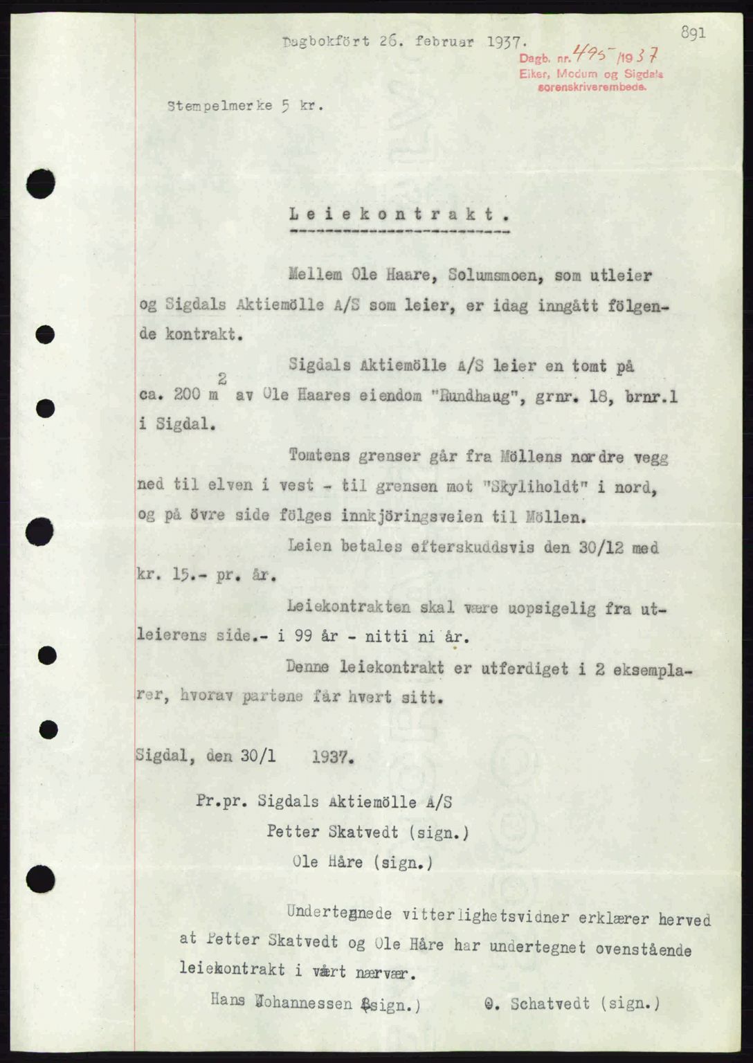 Eiker, Modum og Sigdal sorenskriveri, SAKO/A-123/G/Ga/Gab/L0034: Pantebok nr. A4, 1936-1937, Dagboknr: 495/1937
