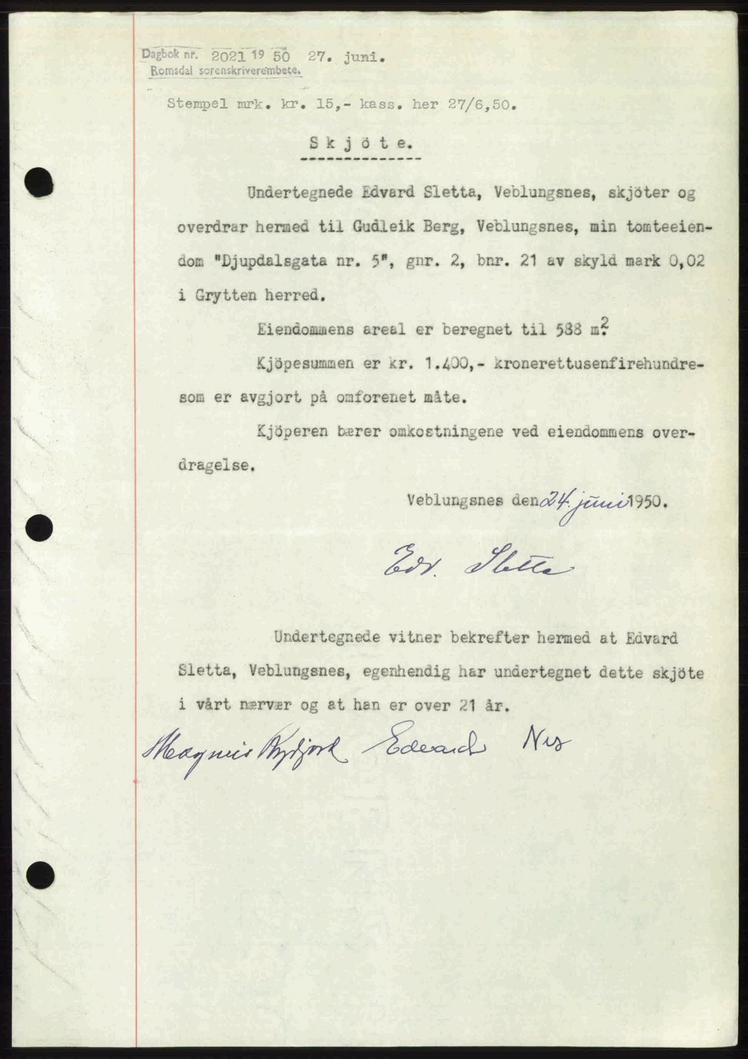 Romsdal sorenskriveri, SAT/A-4149/1/2/2C: Pantebok nr. A33, 1950-1950, Dagboknr: 2021/1950