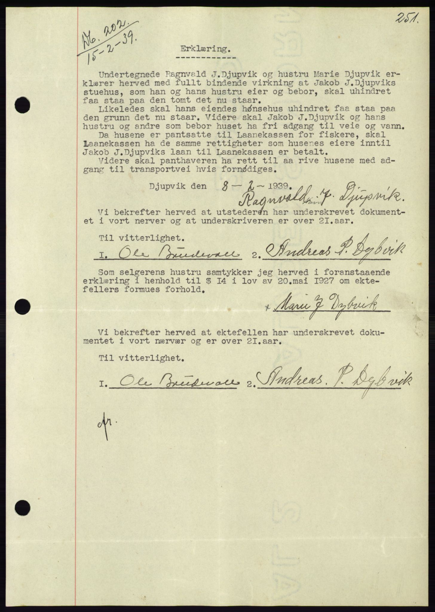 Søre Sunnmøre sorenskriveri, AV/SAT-A-4122/1/2/2C/L0067: Pantebok nr. 61, 1938-1939, Dagboknr: 202/1939