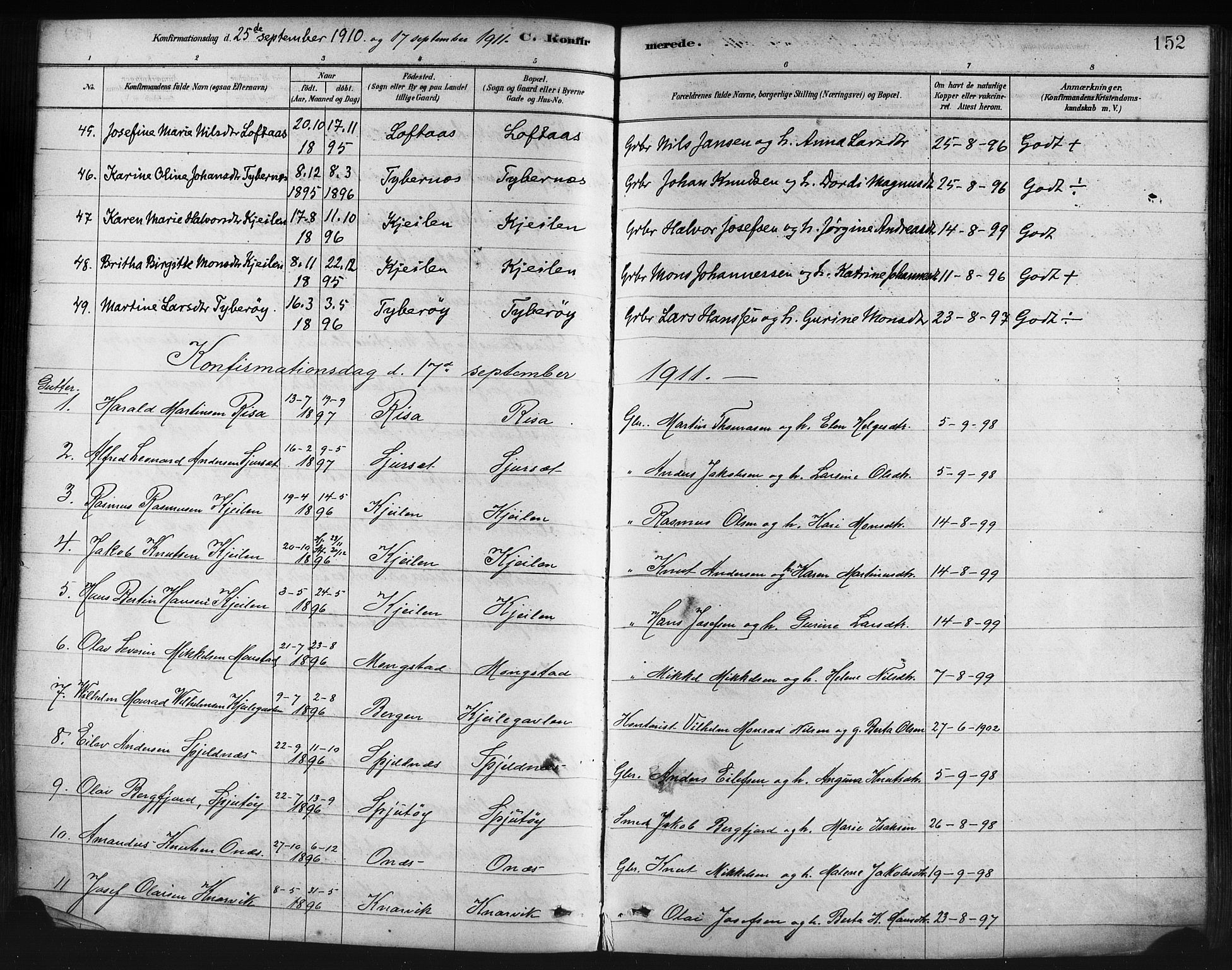 Lindås Sokneprestembete, AV/SAB-A-76701/H/Haa/Haaa/L0019: Ministerialbok nr. A 19, 1878-1912, s. 152