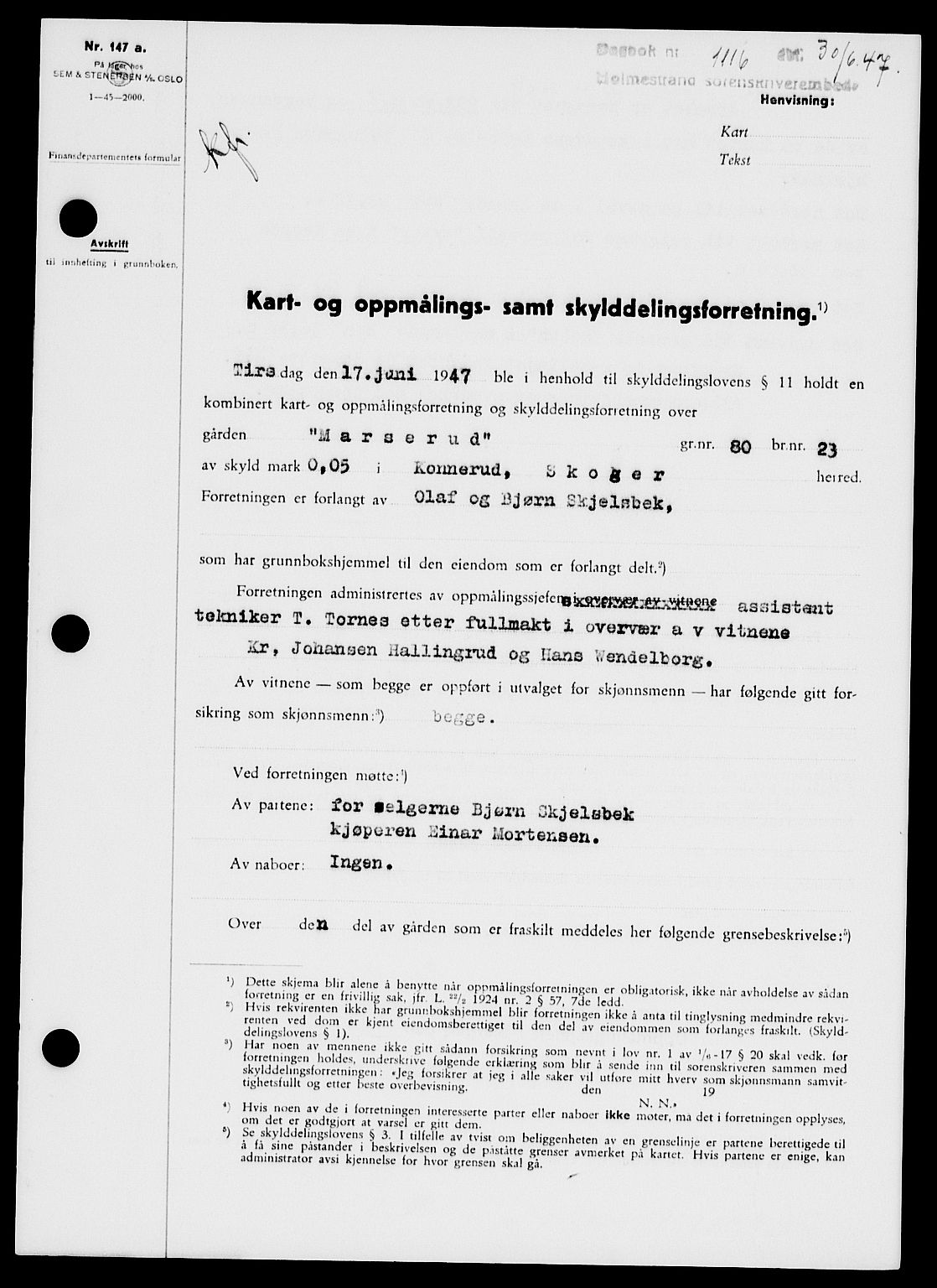 Holmestrand sorenskriveri, SAKO/A-67/G/Ga/Gaa/L0062: Pantebok nr. A-62, 1947-1947, Dagboknr: 1116/1947