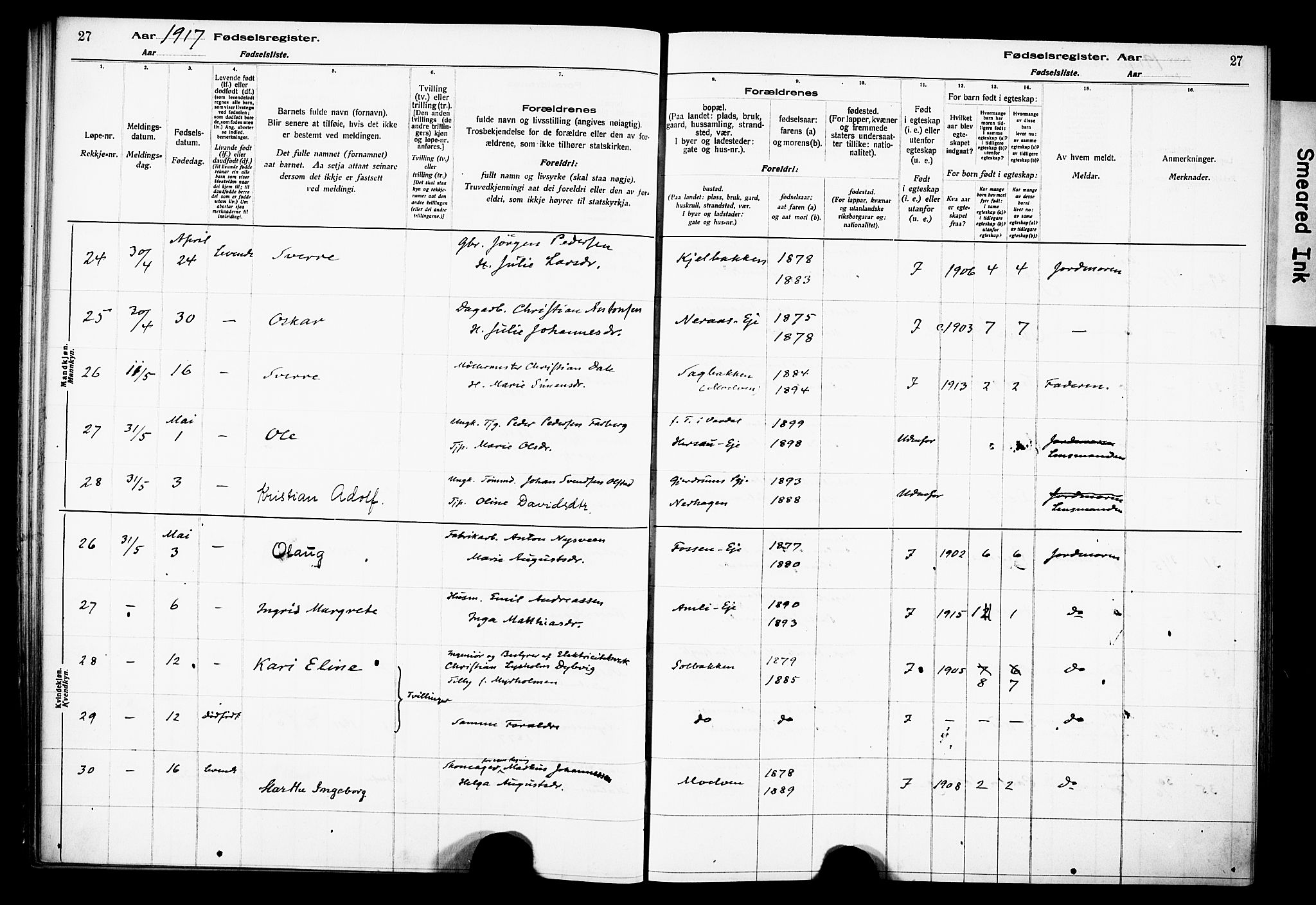 Ringsaker prestekontor, AV/SAH-PREST-014/O/Oa/L0001: Fødselsregister nr. 1, 1916-1925, s. 27