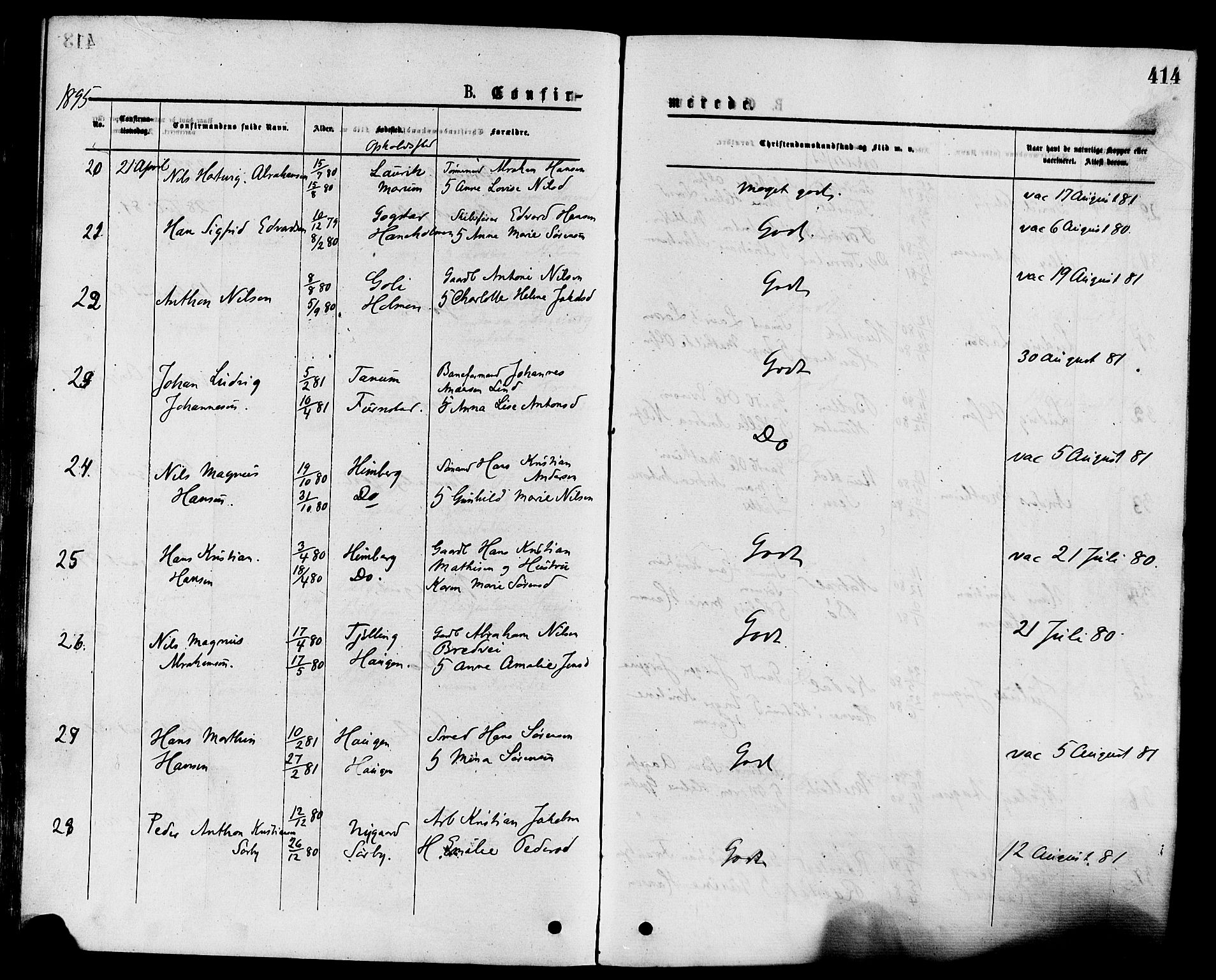 Sandar kirkebøker, AV/SAKO-A-243/F/Fa/L0010: Ministerialbok nr. 10, 1872-1882, s. 414