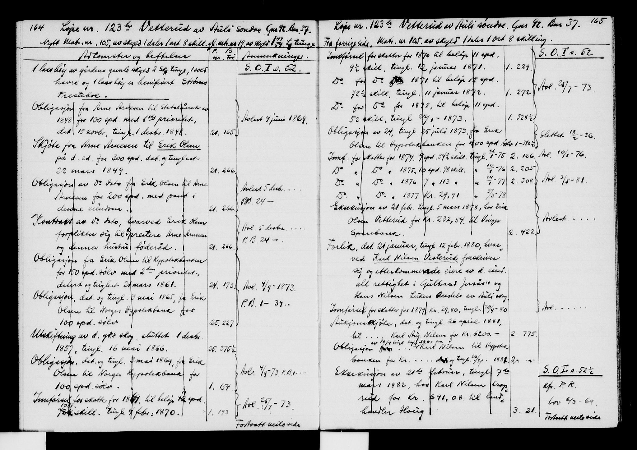Vinger og Odal sorenskriveri, AV/SAH-TING-022/H/Ha/Hab/Haba/L0001: Panteregister nr. 2.1A, 1855-1929, s. 164-165