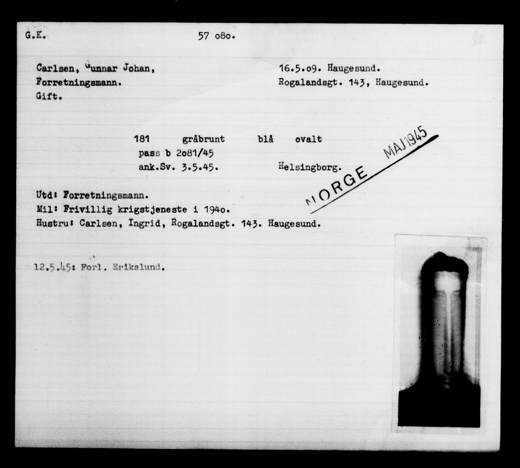 Utenriksstasjonene, Legasjonen i Stockholm, Flyktningkontoret, AV/RA-S-6753/V/Va/L0020: Kjesäterkartoteket, flyktninger med registreringsnr. 55000-58245, 1940-1945, s. 2080