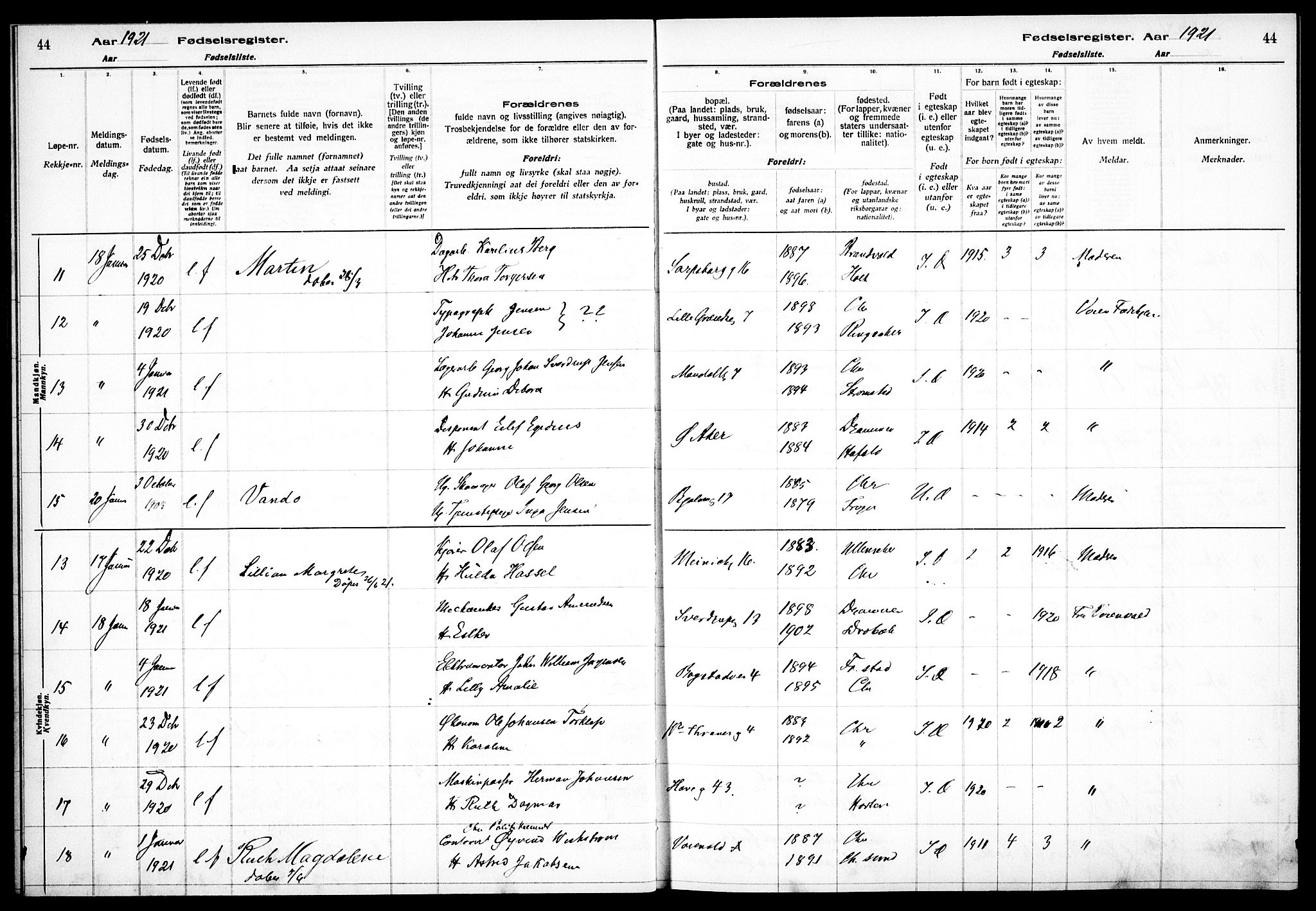 Sagene prestekontor Kirkebøker, AV/SAO-A-10796/J/L0002: Fødselsregister nr. 2, 1920-1922, s. 44