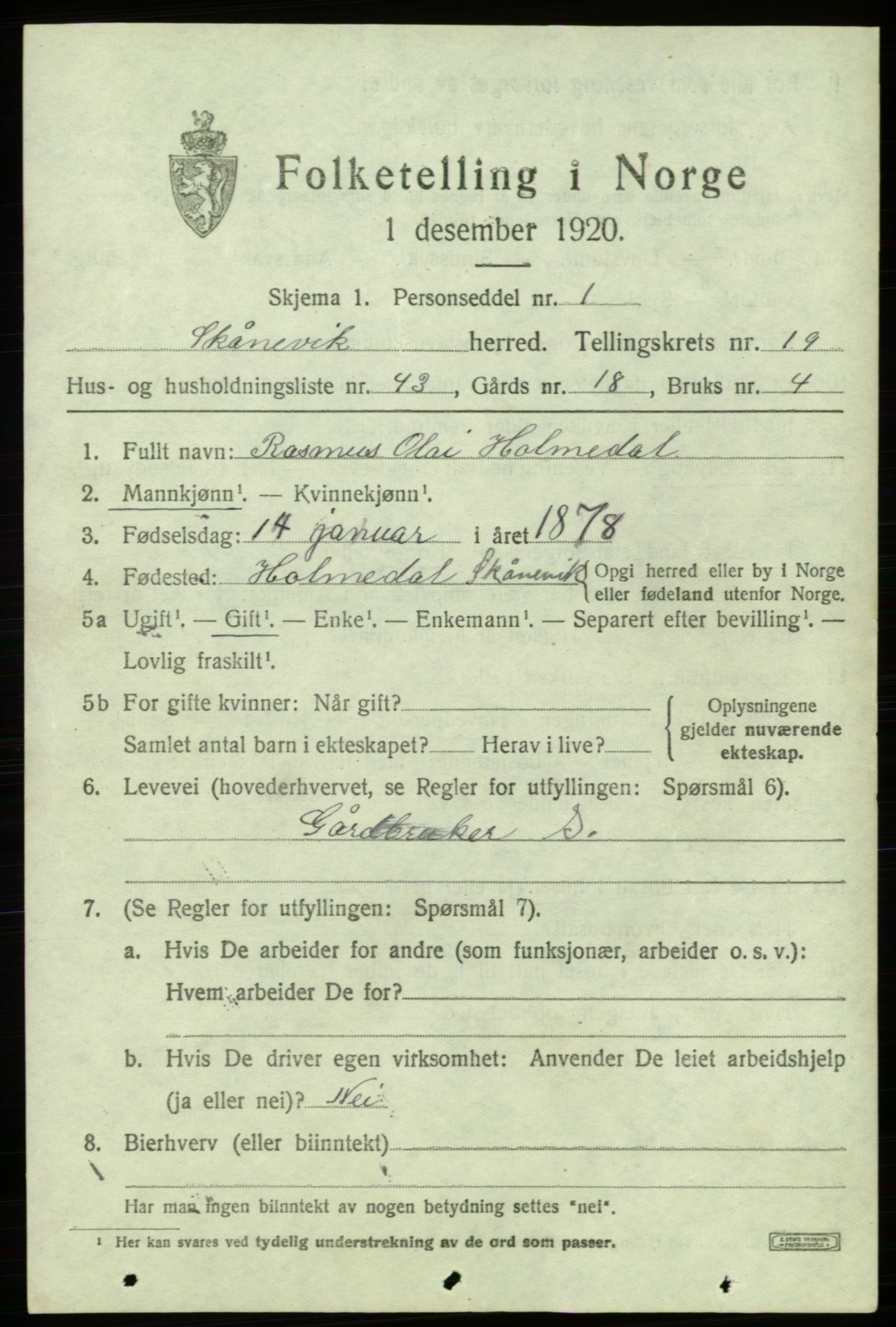 SAB, Folketelling 1920 for 1212 Skånevik herred, 1920, s. 7419