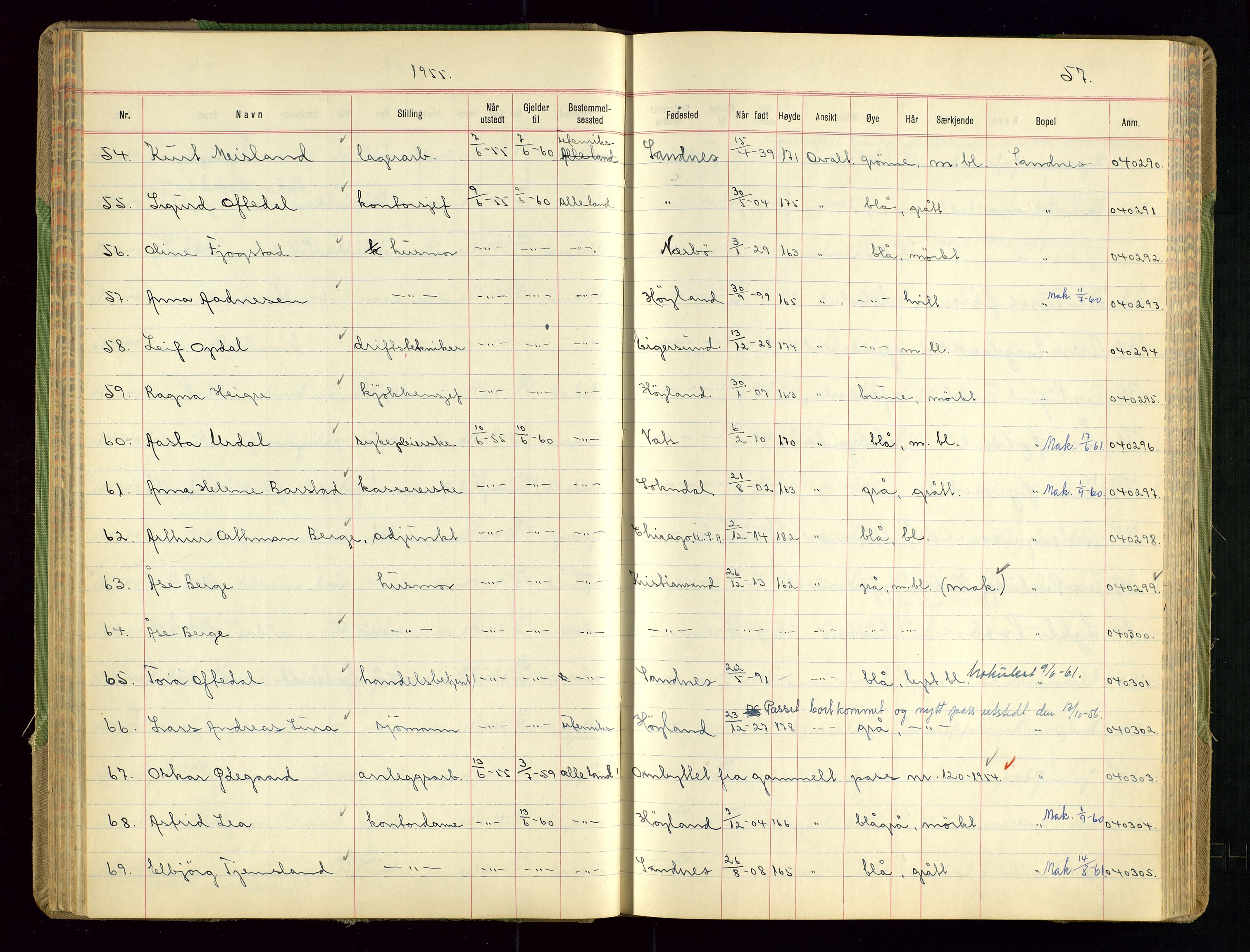 Sandnes politikammer, AV/SAST-A-100446/K/L0008: Passprotokoll, 1951-1962, s. 57