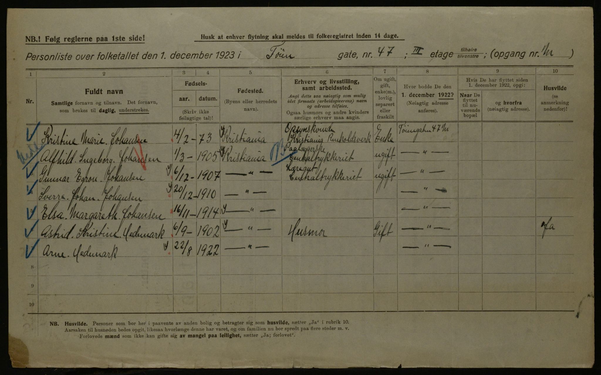 OBA, Kommunal folketelling 1.12.1923 for Kristiania, 1923, s. 130987