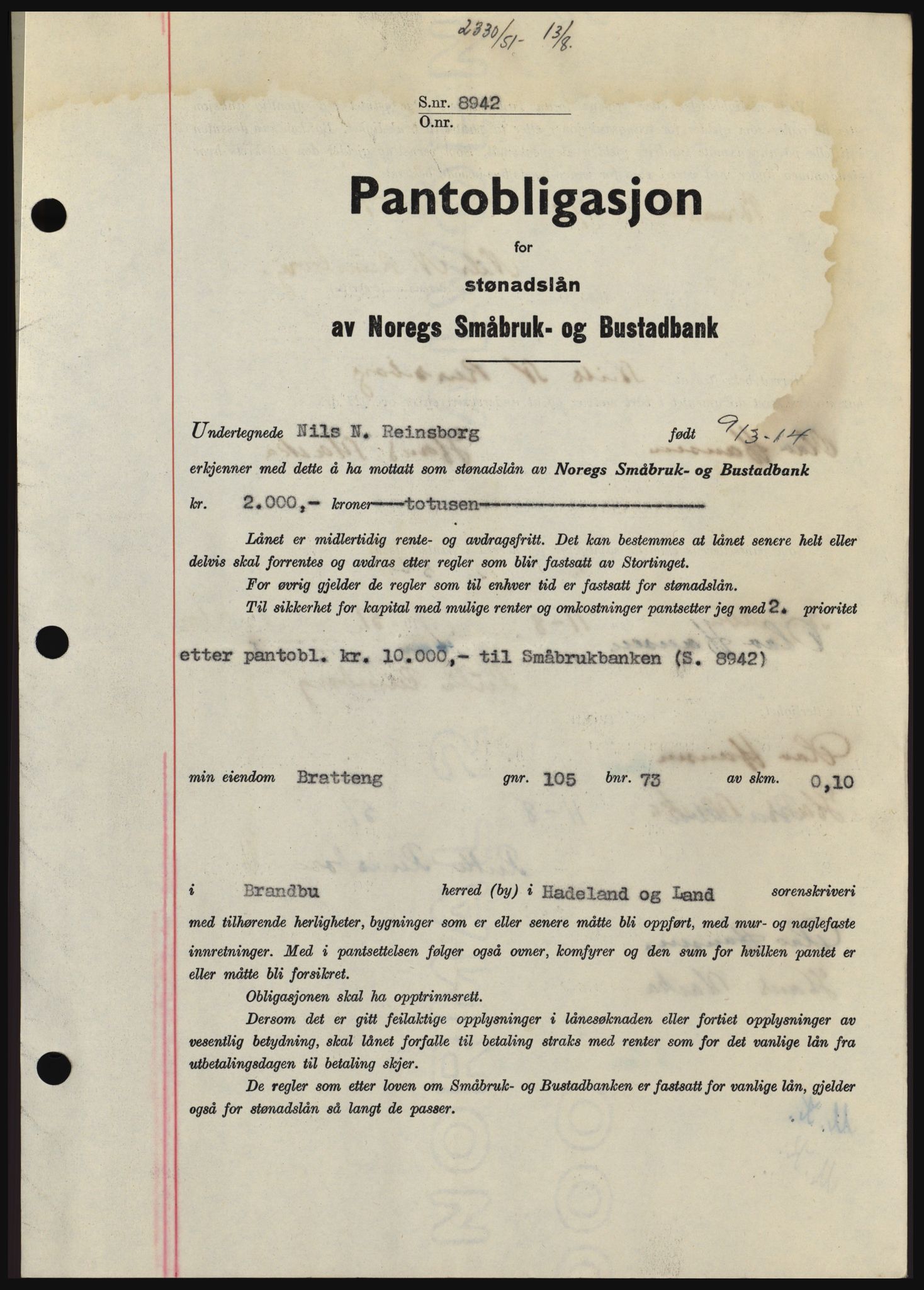 Hadeland og Land tingrett, SAH/TING-010/H/Hb/Hbc/L0022: Pantebok nr. B22, 1951-1951, Dagboknr: 2330/1951