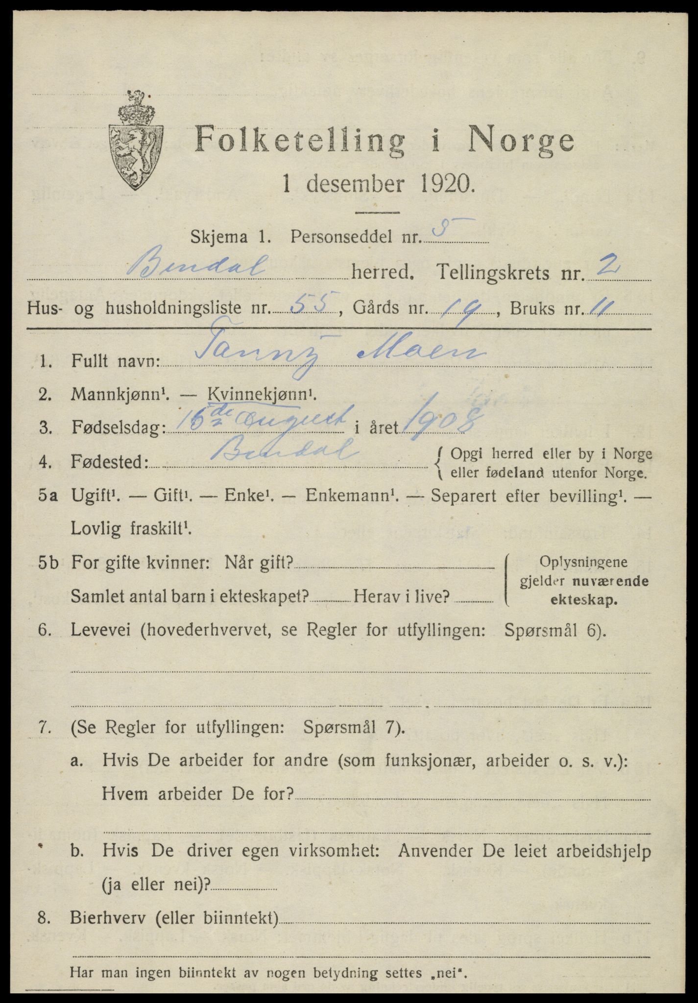 SAT, Folketelling 1920 for 1811 Bindal herred, 1920, s. 2497
