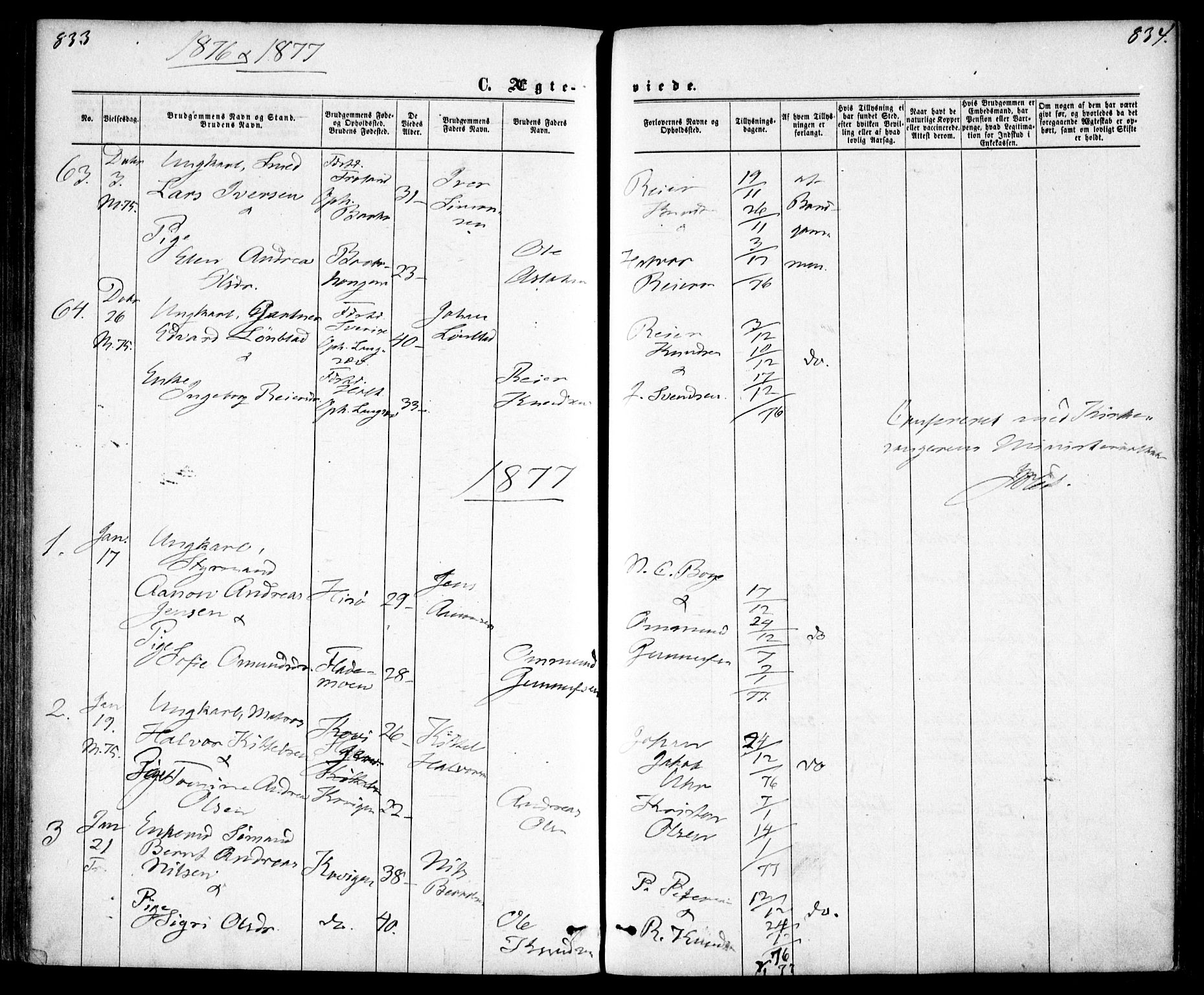 Tromøy sokneprestkontor, SAK/1111-0041/F/Fa/L0008: Ministerialbok nr. A 8, 1870-1877, s. 833-834