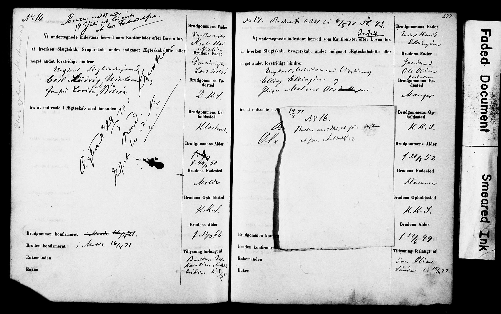 Korskirken sokneprestembete, SAB/A-76101: Forlovererklæringer nr. II.5.4, 1871-1878, s. 275