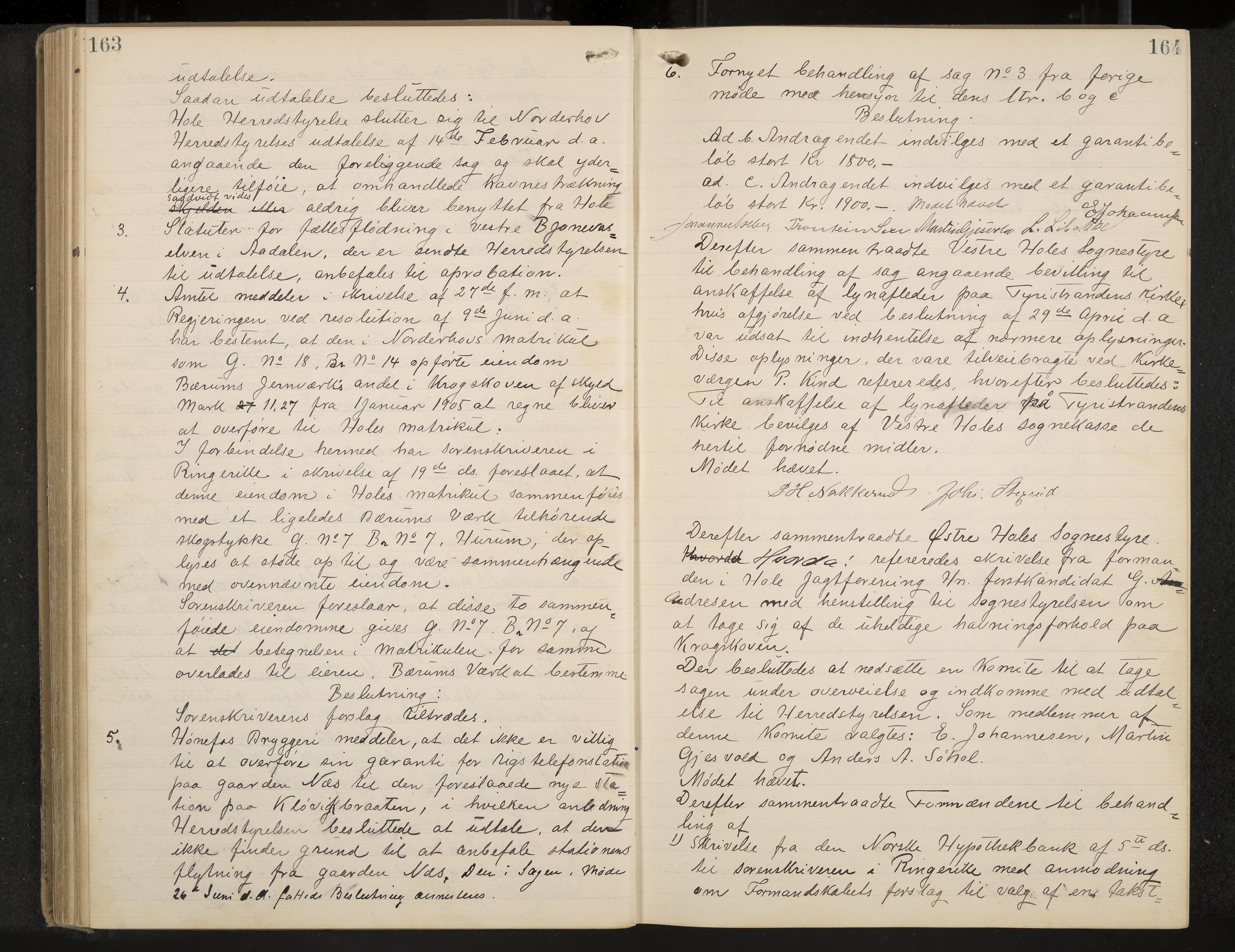Hole formannskap og sentraladministrasjon, IKAK/0612021-1/A/Aa/L0004: Møtebok med register, 1902-1910, s. 163-164