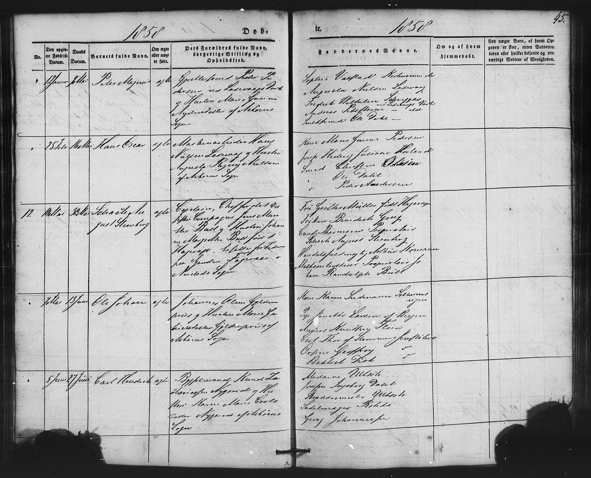 St. Jørgens hospital og Årstad sokneprestembete, AV/SAB-A-99934: Klokkerbok nr. A 2, 1843-1863, s. 45