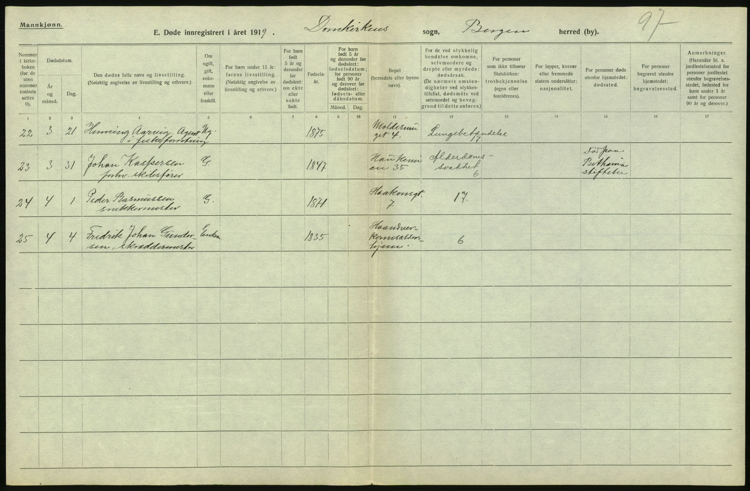 Statistisk sentralbyrå, Sosiodemografiske emner, Befolkning, AV/RA-S-2228/D/Df/Dfb/Dfbi/L0035: Bergen: Gifte, døde, dødfødte., 1919, s. 698