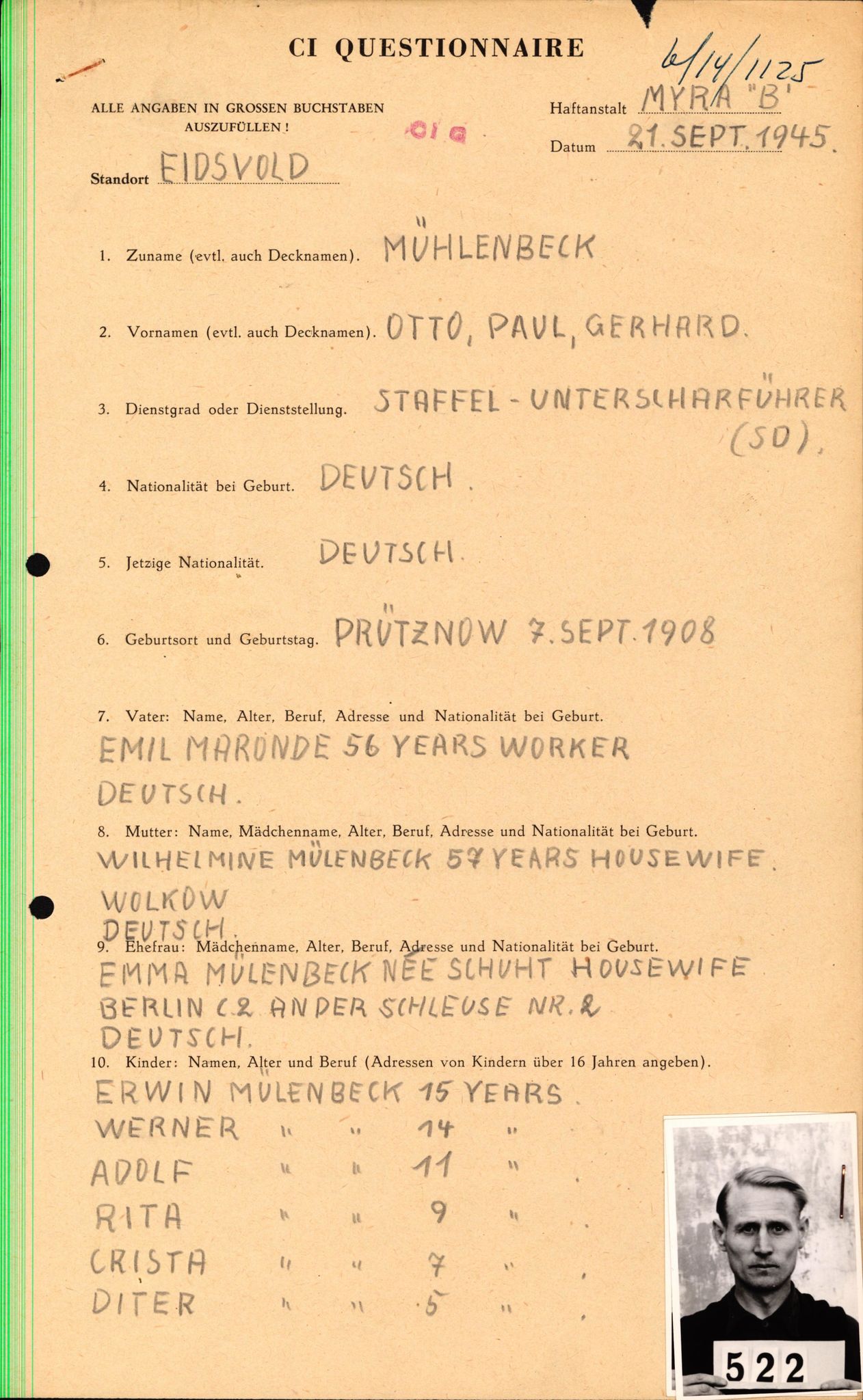 Forsvaret, Forsvarets overkommando II, RA/RAFA-3915/D/Db/L0022: CI Questionaires. Tyske okkupasjonsstyrker i Norge. Tyskere., 1945-1946, s. 507