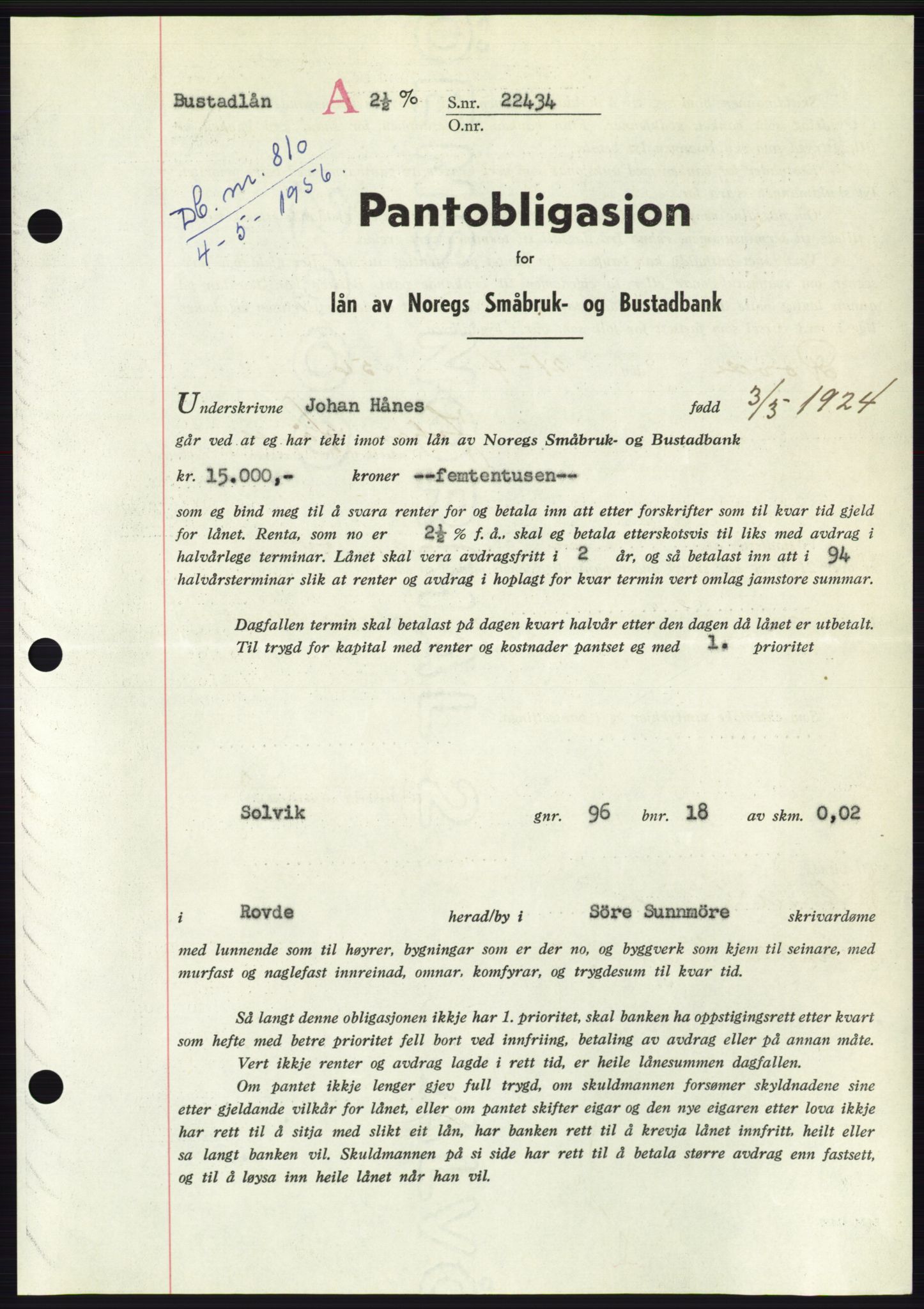 Søre Sunnmøre sorenskriveri, SAT/A-4122/1/2/2C/L0128: Pantebok nr. 16B, 1956-1956, Dagboknr: 810/1956